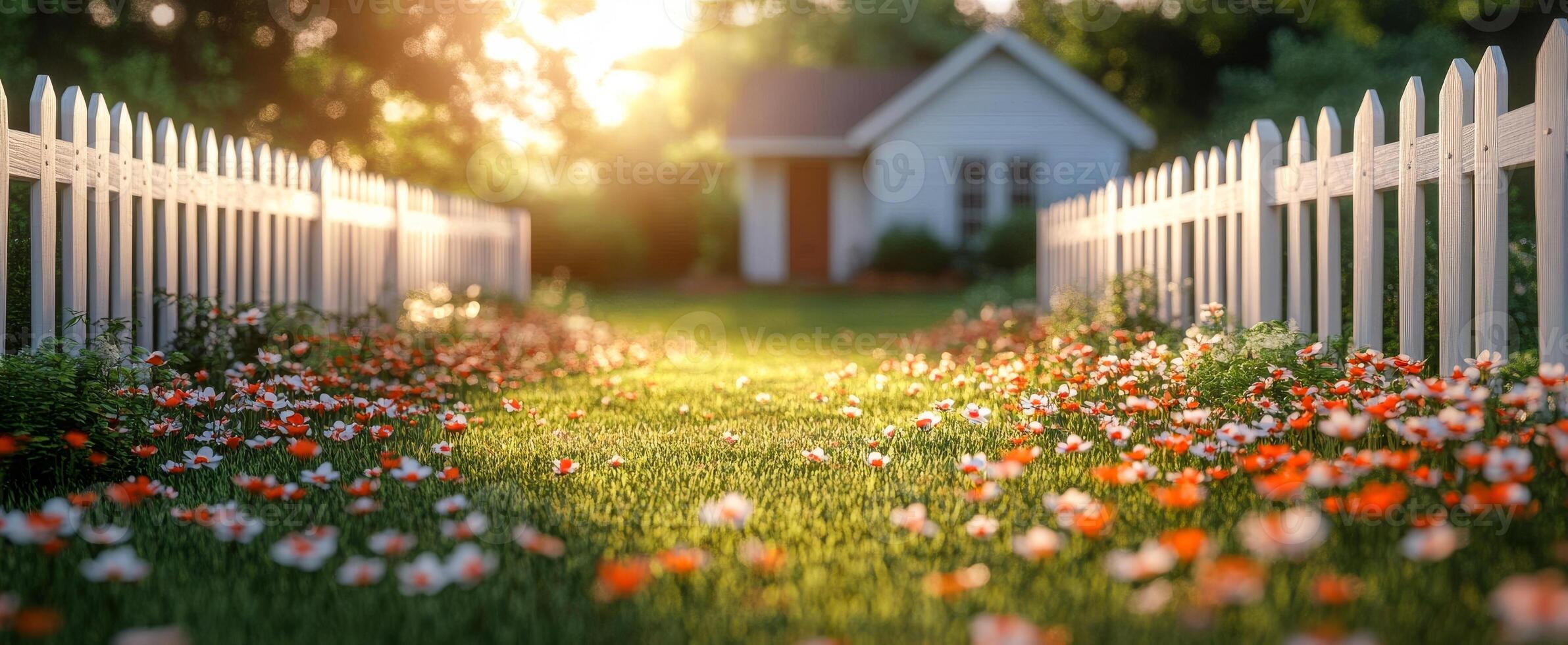 2383x980 A white fence surrounds a white house with a red door. The fence is made of