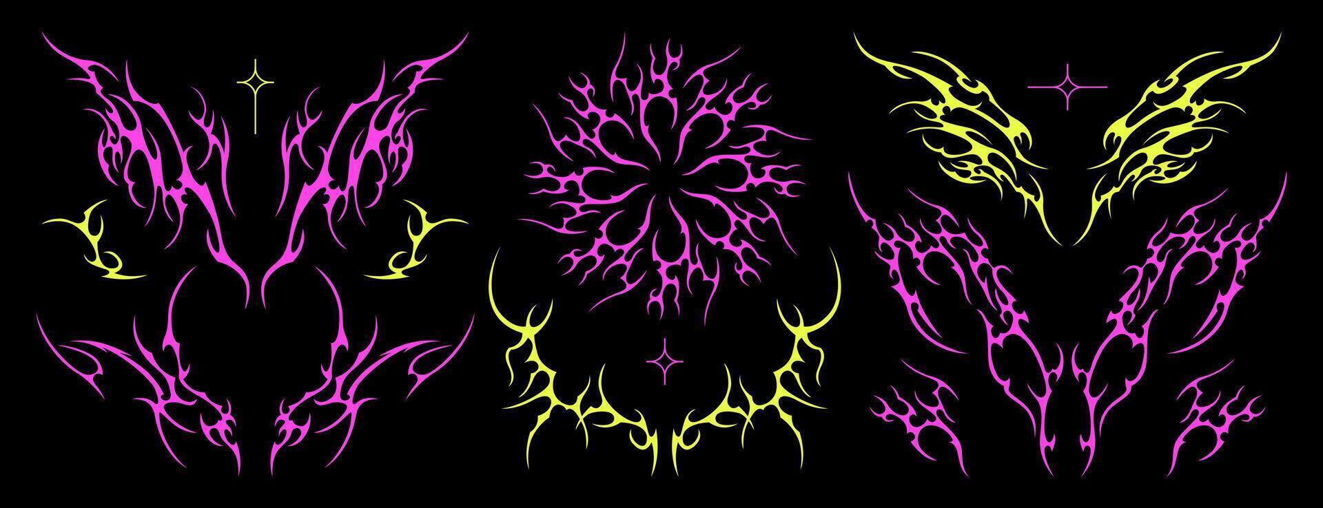 1920x738 Acid neo tribal y2k goth tattoo set with butterfly, womb silhouette, symmetrical shapes or gothic art elements. Cybersigilism stickers, futuristic trendy grunge ornaments or hand drawn neotribal icons 56471298 Vector Art