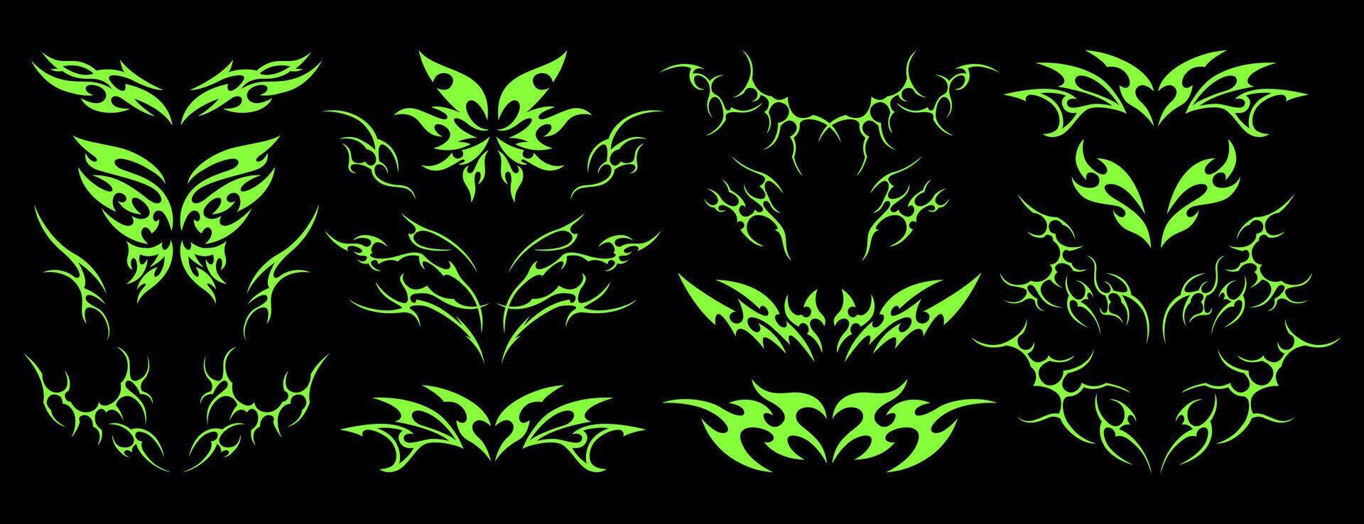 1920x738 Acid neo tribal y2k goth tattoo with heart, butterfly, womb, symmetrical shapes and gothic art elements. Set of cybersigilism stickers, futuristic trendy grunge ornaments or hand drawn neotribal icons 52344767 Vector Art