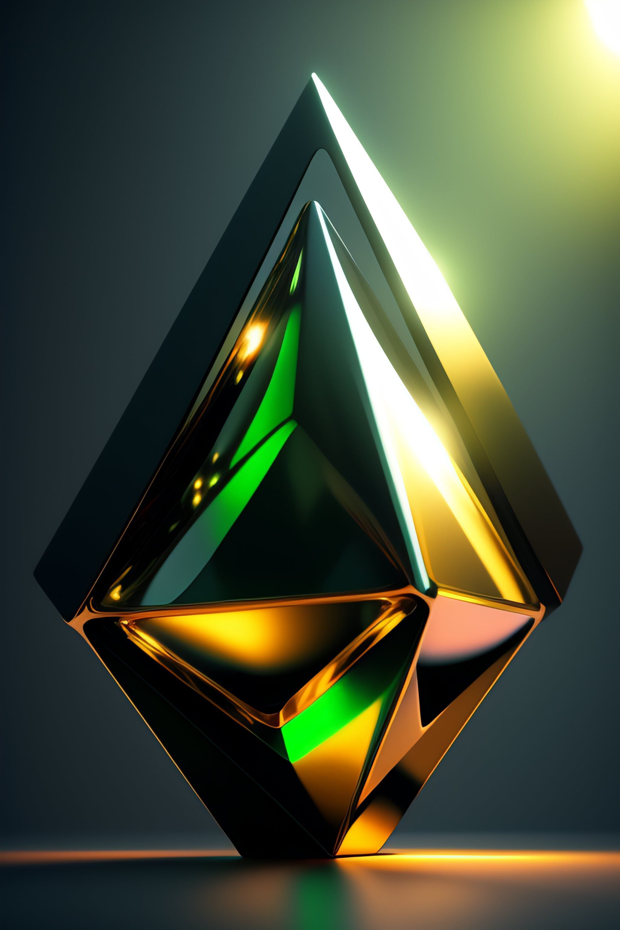 2048x3072 Lexica photorealistic render of a metallic crystalline neotribal tetrahedron as floating sculpture, made of green hot metal and black obsidian, c
