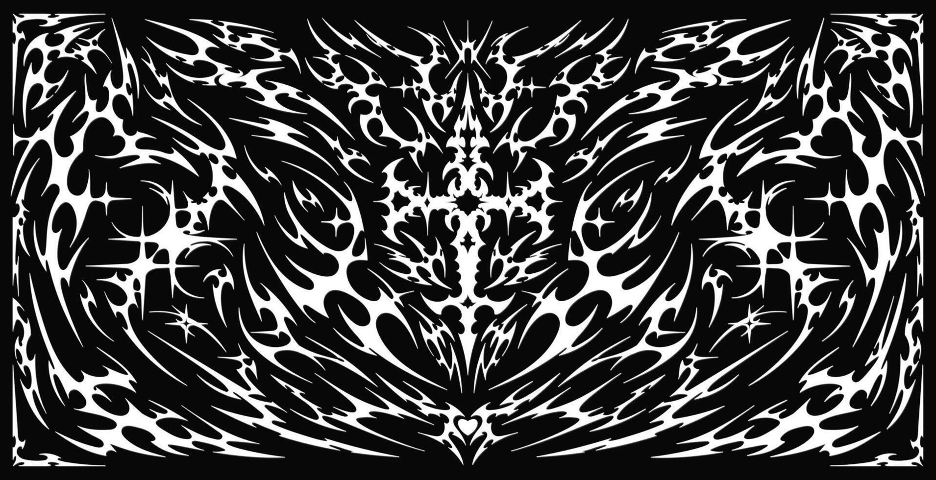 1910x980 Neo tribal symmetrical frame. Sharp Y2K cyber sigilism design with heart, cross, stars, and liquid demon shapes. Illustration background