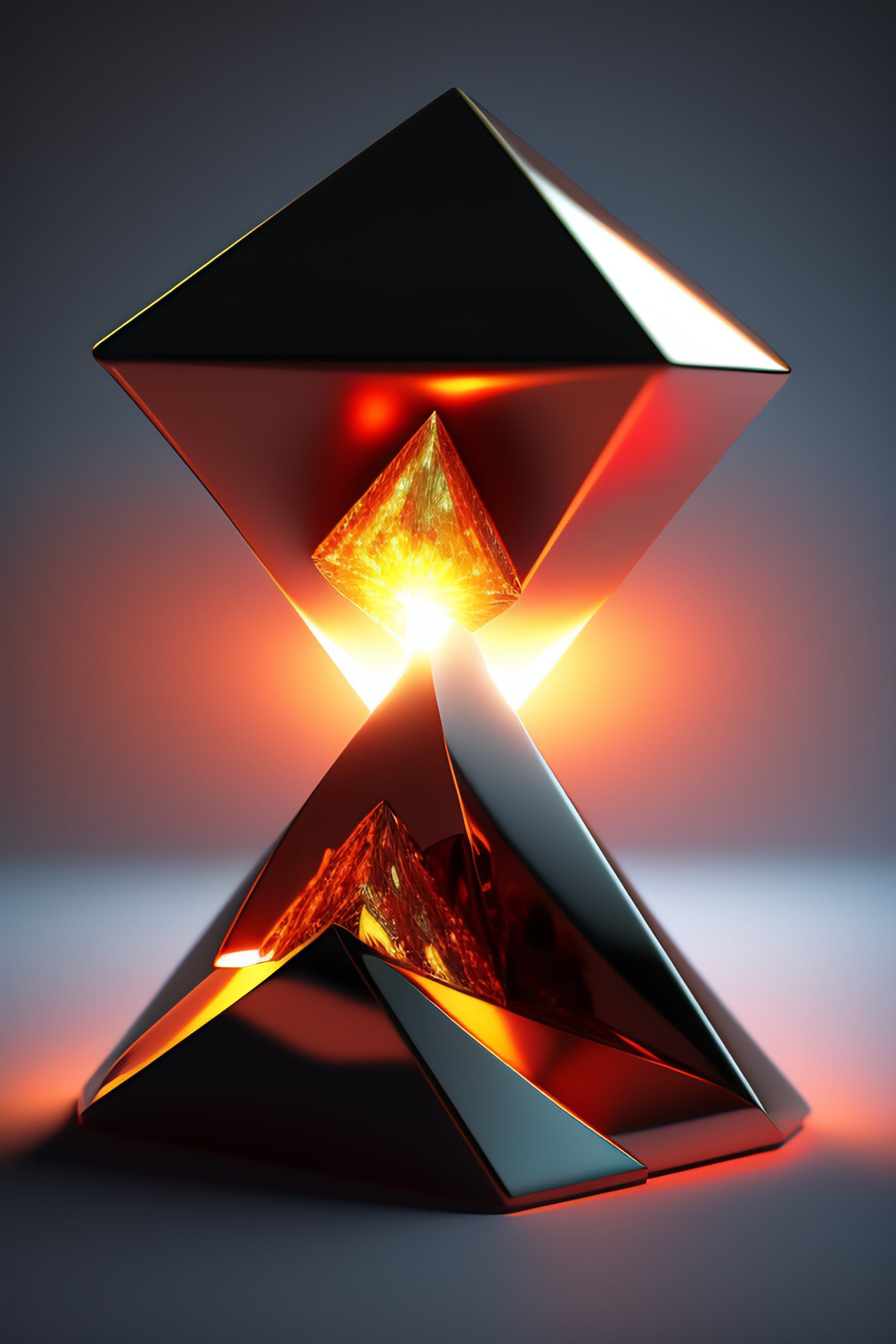 2048x3072 Lexica photorealistic render of a metallic crystalline neotribal tetrahedron as floating sculpture that breaks and sprouts fire, made of red hot