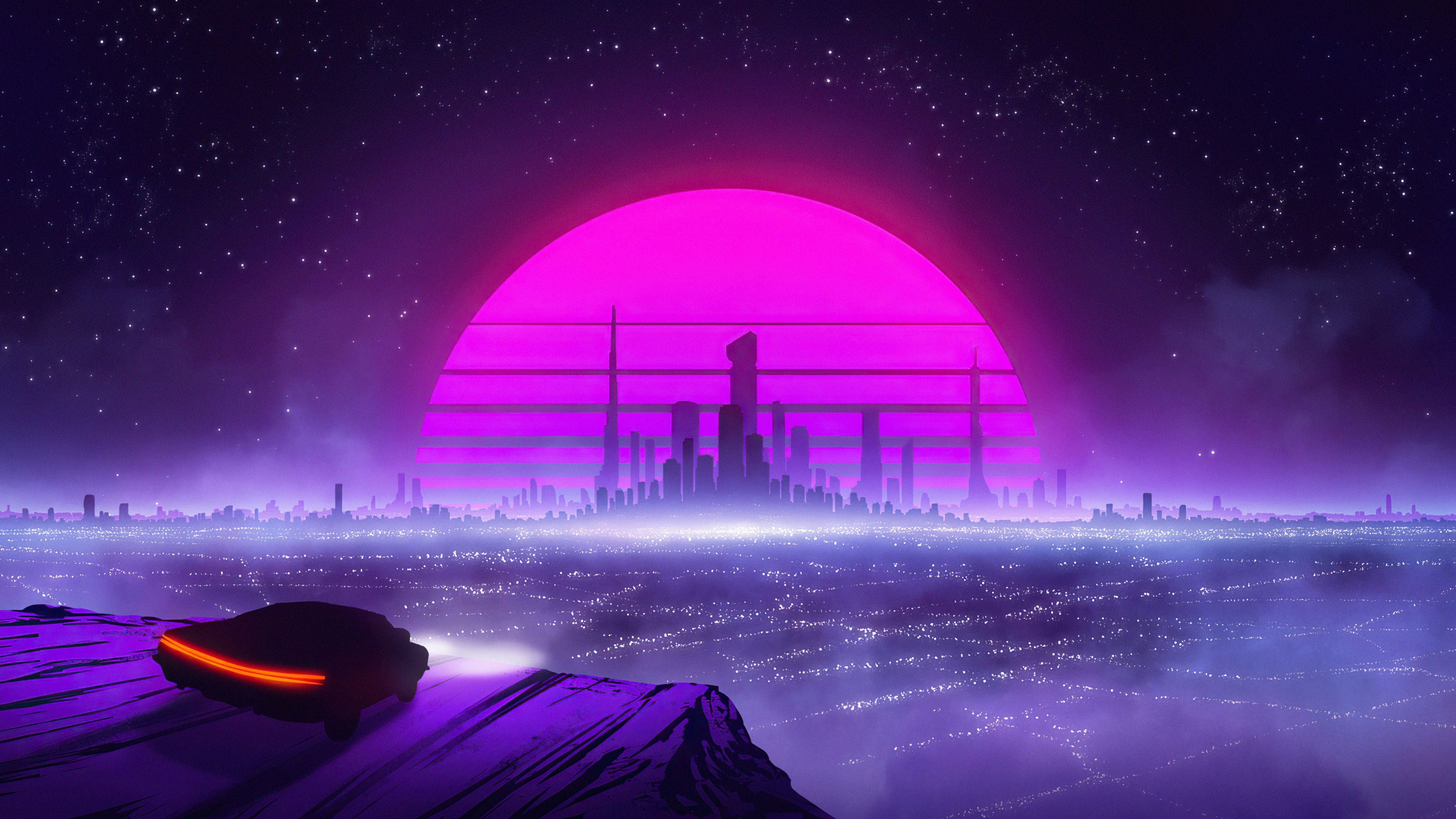 3840x2160 Retro Car Synthwave City Ocean Moon Background 4K HD Vaporwave Wallpaper