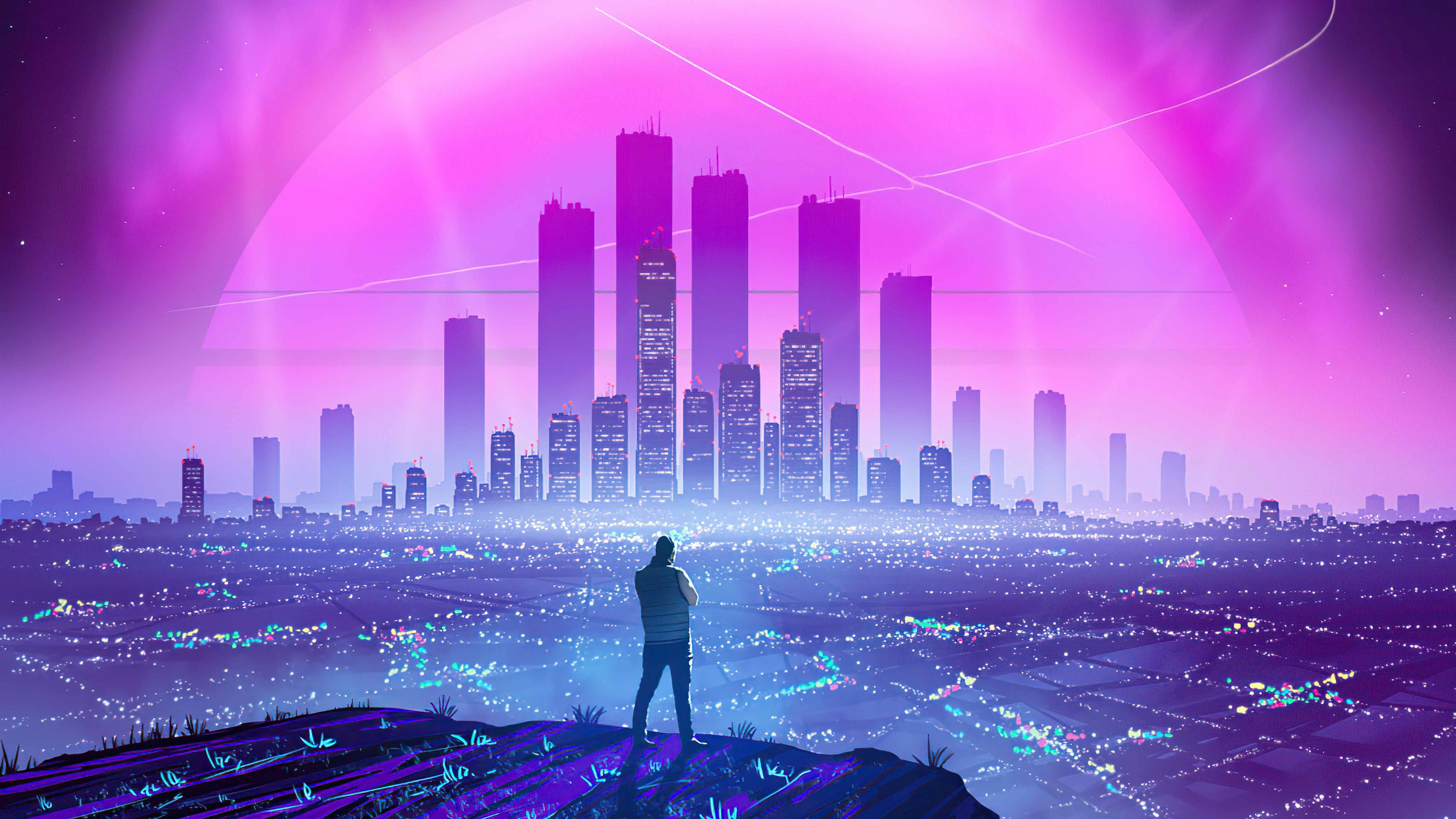 5120x2880 Purple Pink Lights Of Cityscape Synthwave Buildings 4K 5K HD Vaporwave Wallpaper