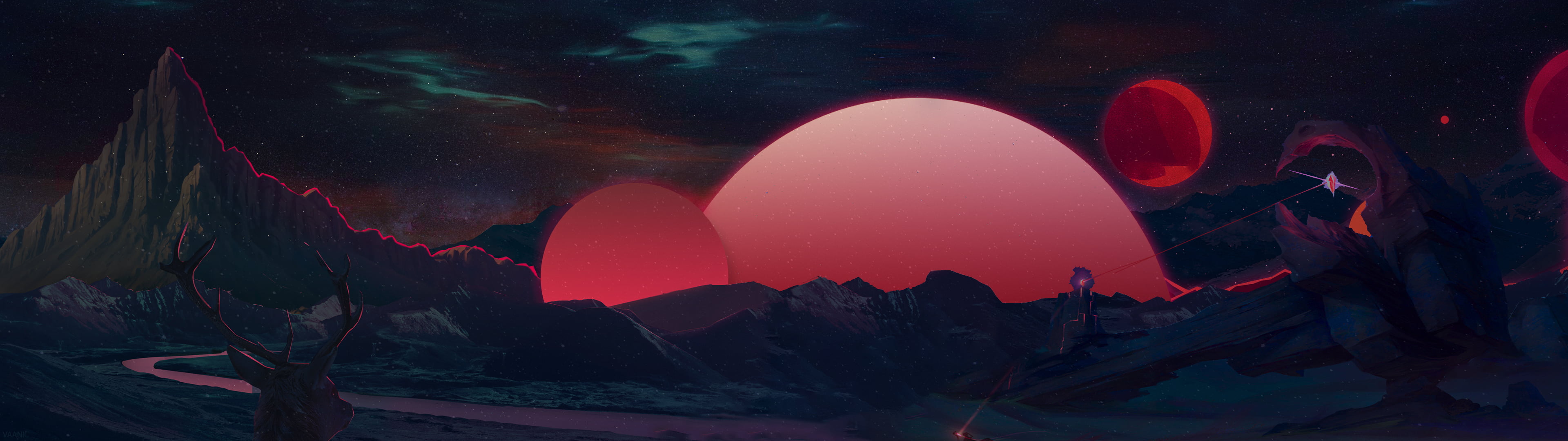 3840x1080 Mountain illustration, retrowave, synthwave HD wallpaper