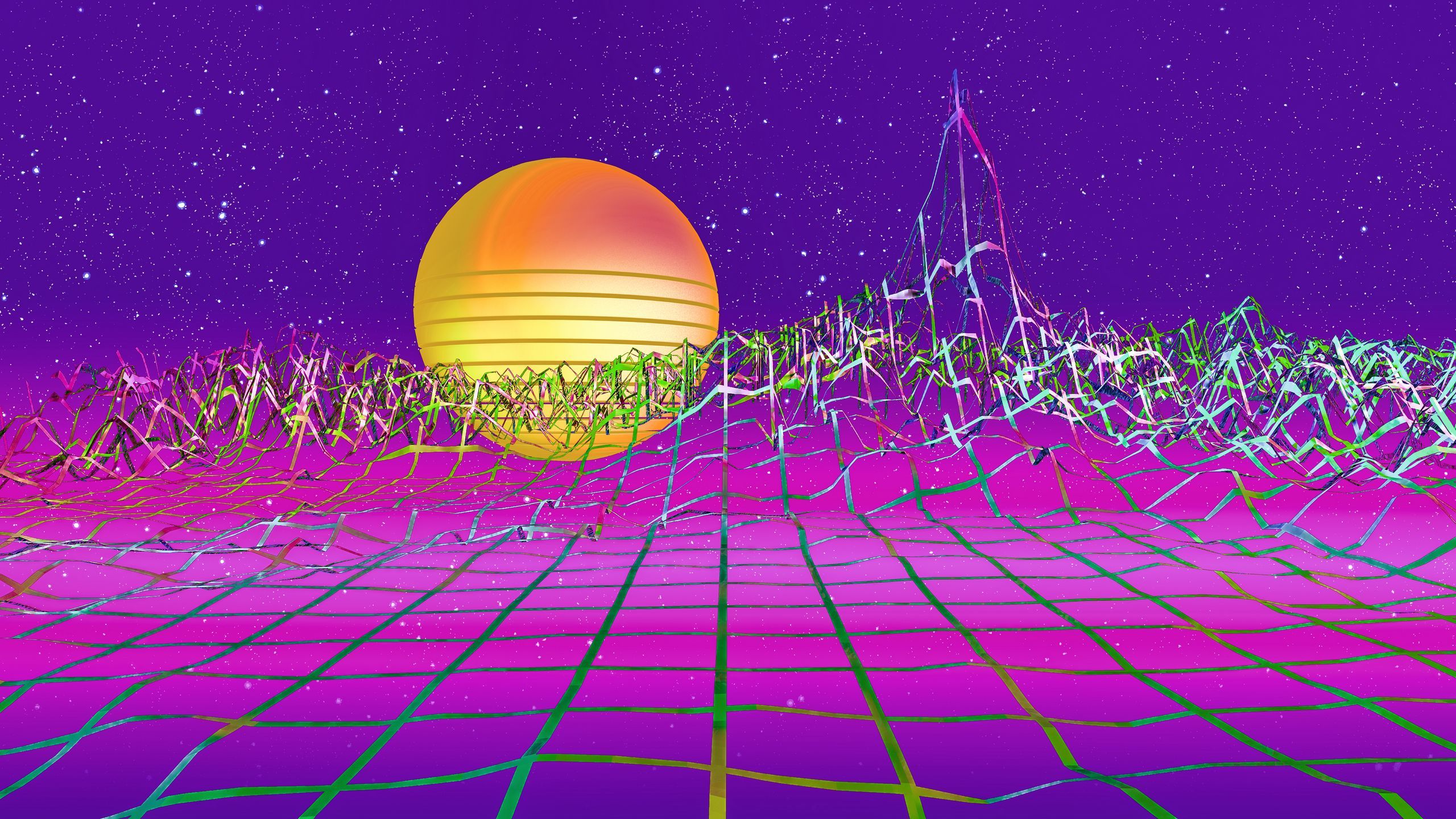 2560x1440 Download wallpaper 2560x1440 retrowave, art, retro, synthwave, sun, relief, grid widescreen 16:9 HD background