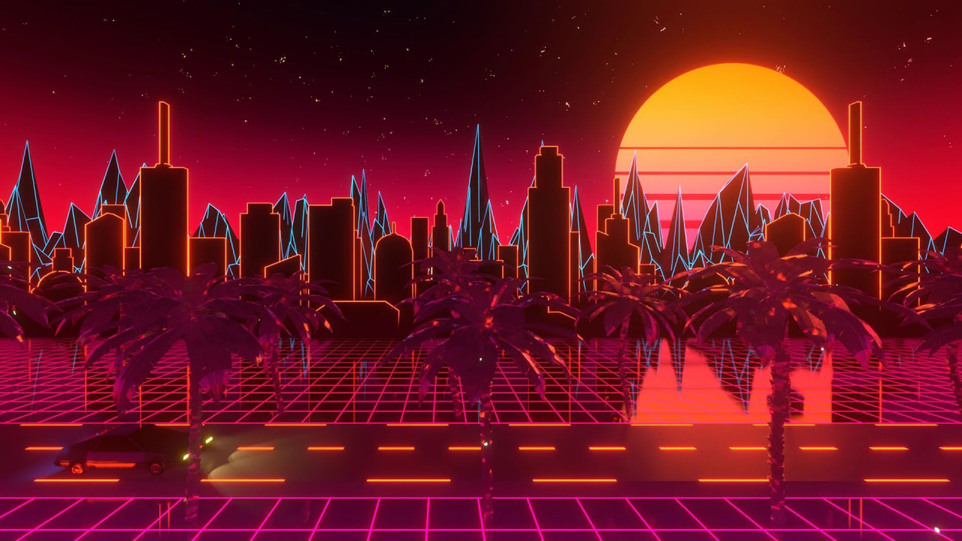 1920x1080 Palm Trees Buildings Yellow Red Moon Sky Background HD Synthwave Wallpaper