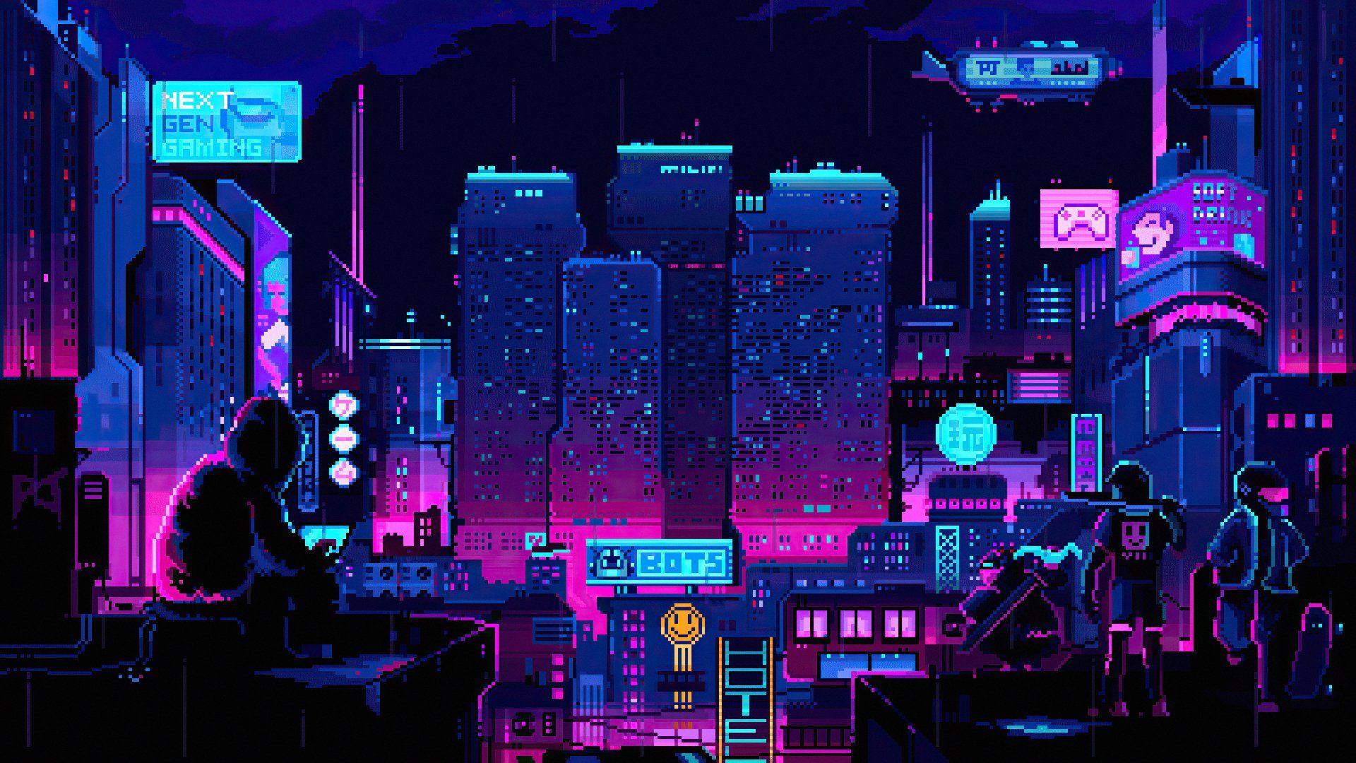 1920x1080 4K Pixel Art Tech Cityscape. Asus ROG Neon Future Wallpaper