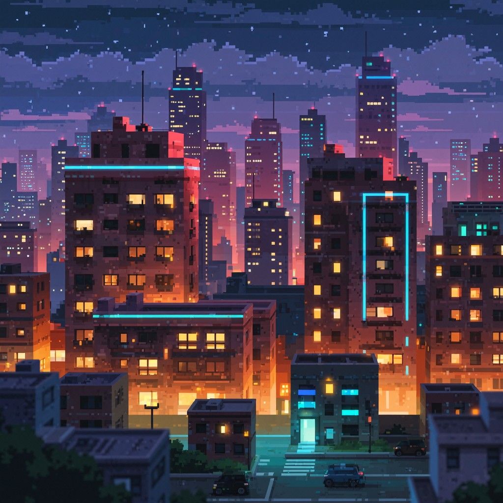 1024x1024 Download Neon Pixel Downtown Image, Cityscape, Retro