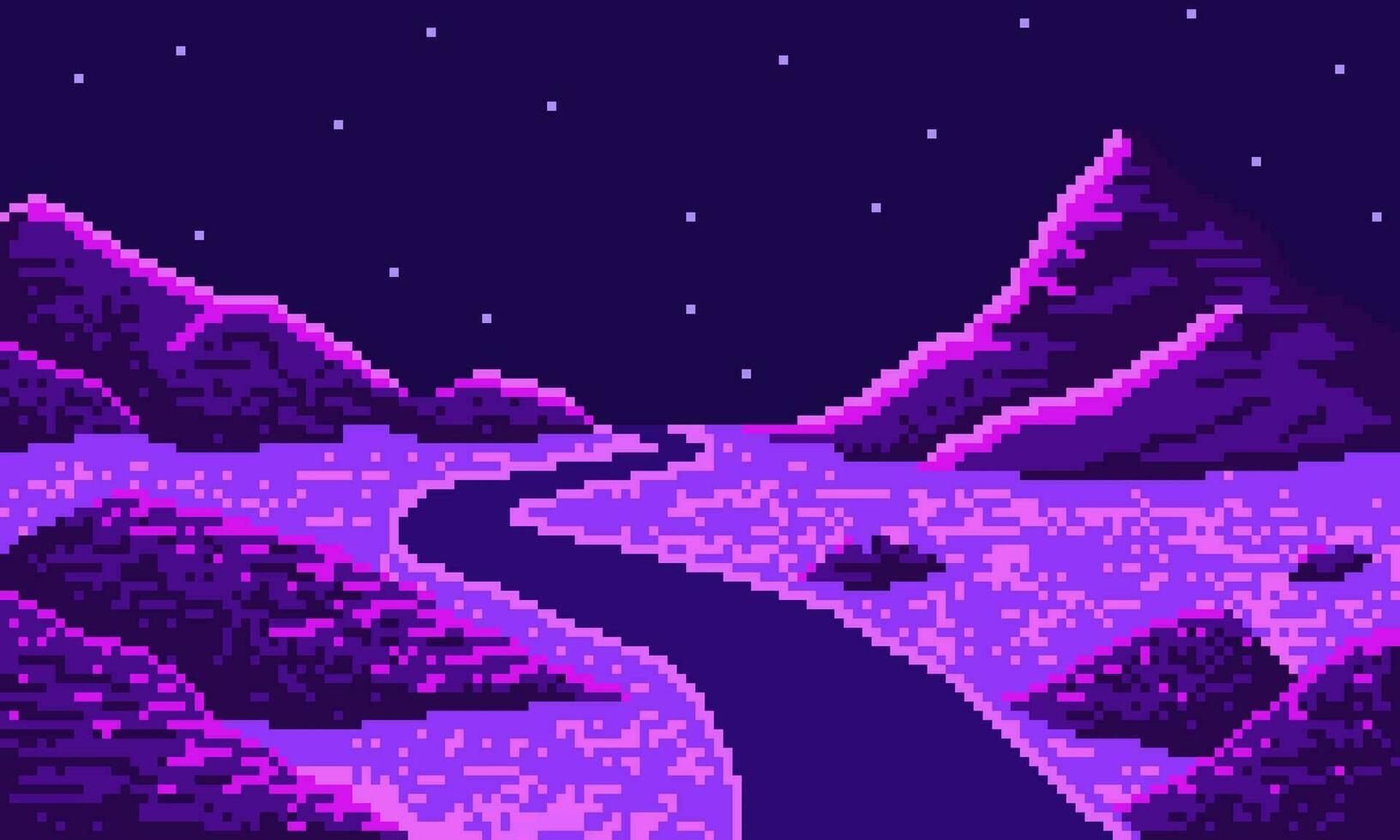 1633x980 Pixel curve road in night hilly desert background. Wnding synthwave highway 8bit neon valley with starry sky with purple road and vector hills