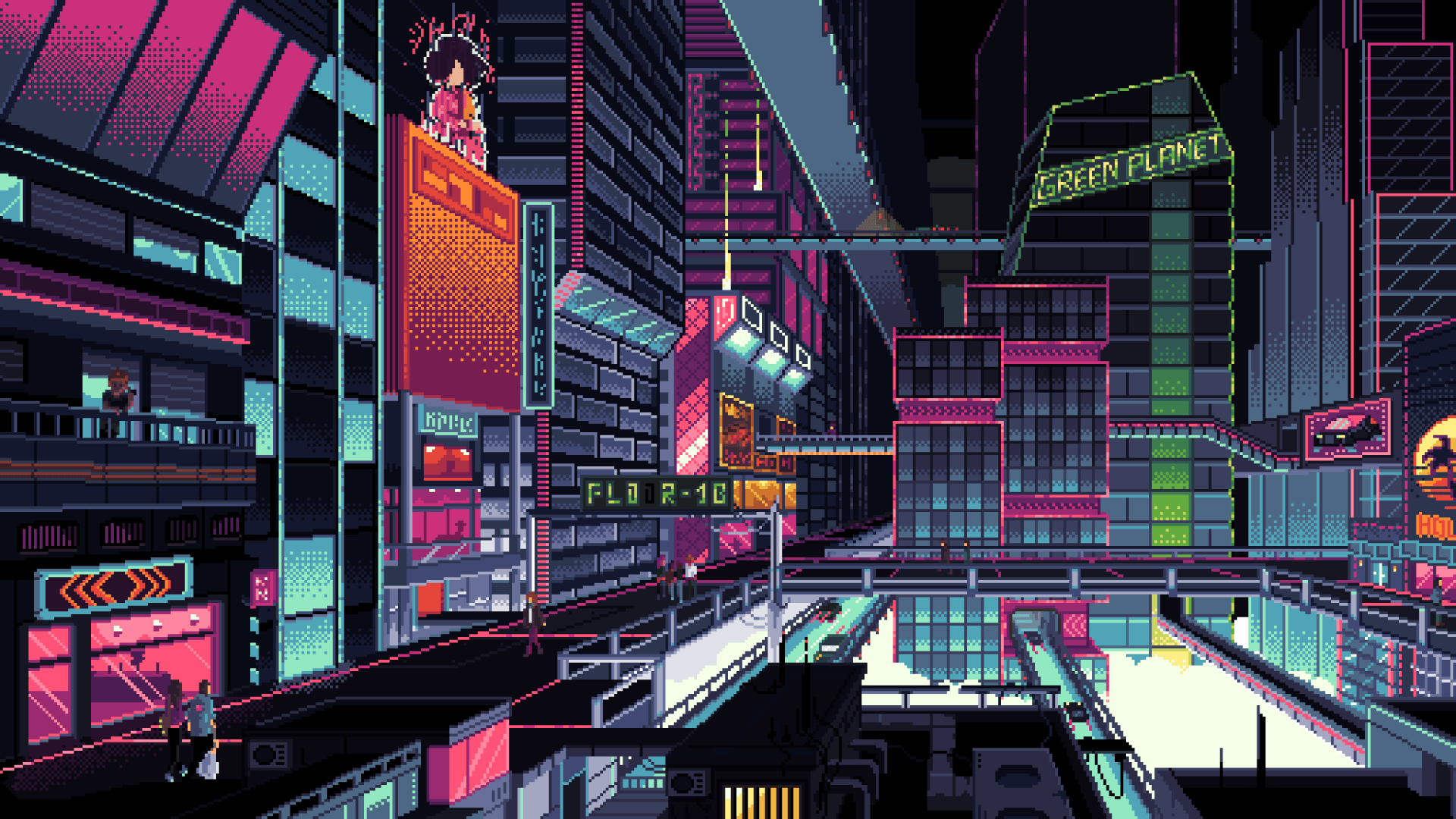 1920x1080 Neon Cityscape: Artistic Pixel Art HD Wallpaperx1152