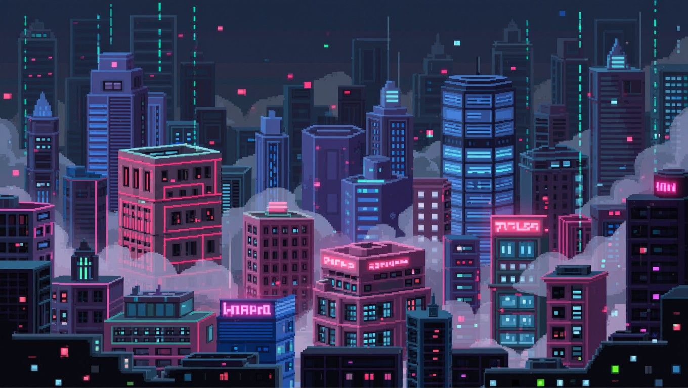 1360x768 Download Neon Pixel Metropolis Image, Neon, Cityscape