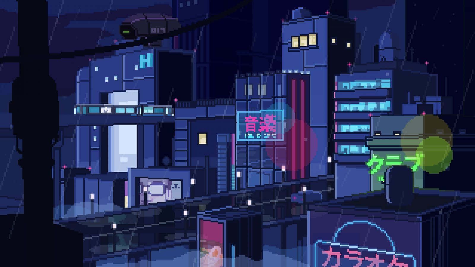1600x900 Download Cyberpunk Night Building Tops Pixel Art Wallpaper