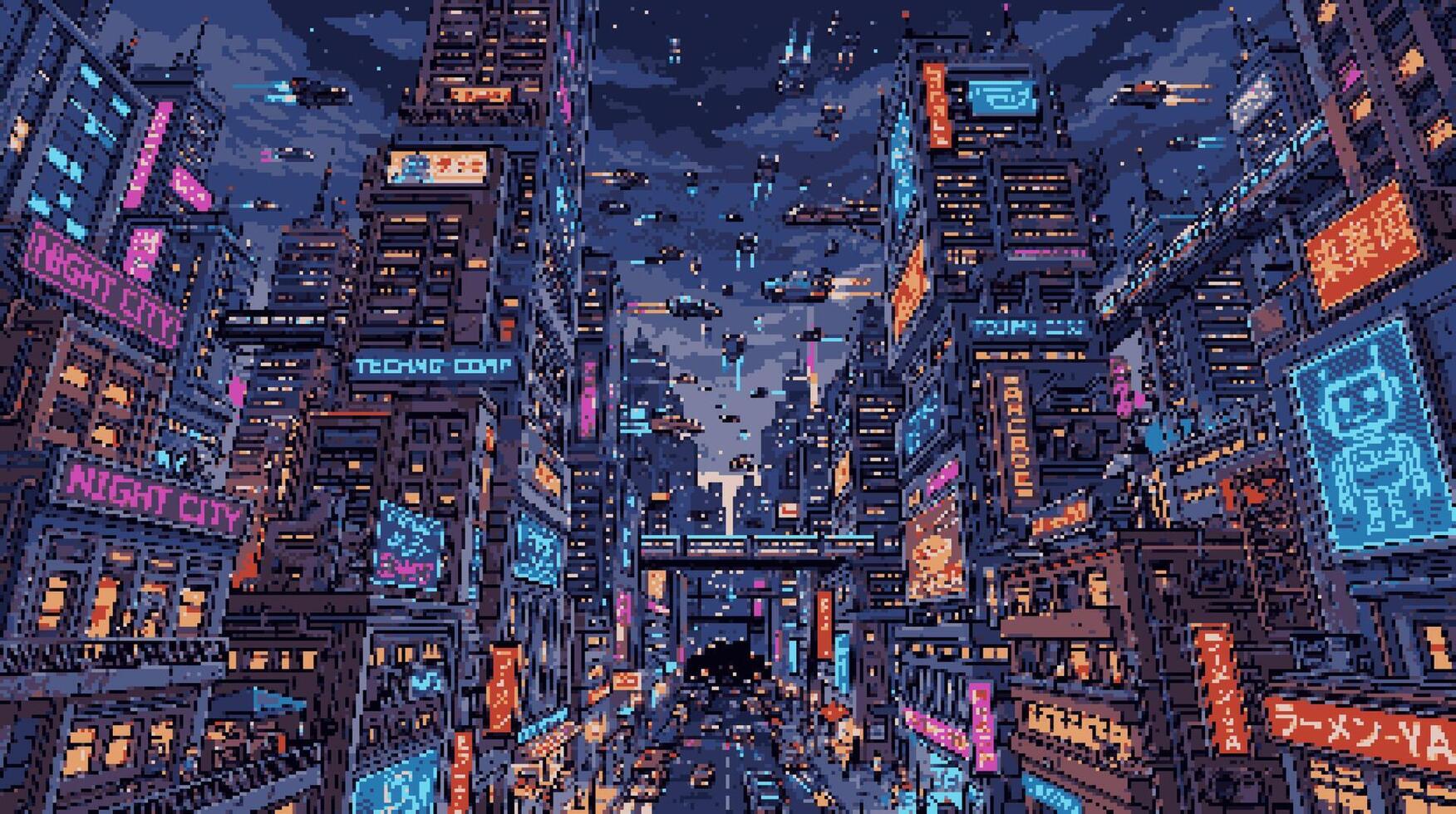 1752x980 Pixel Art Retro Futuristic City Skyline with Flying Cars and Neon Signs