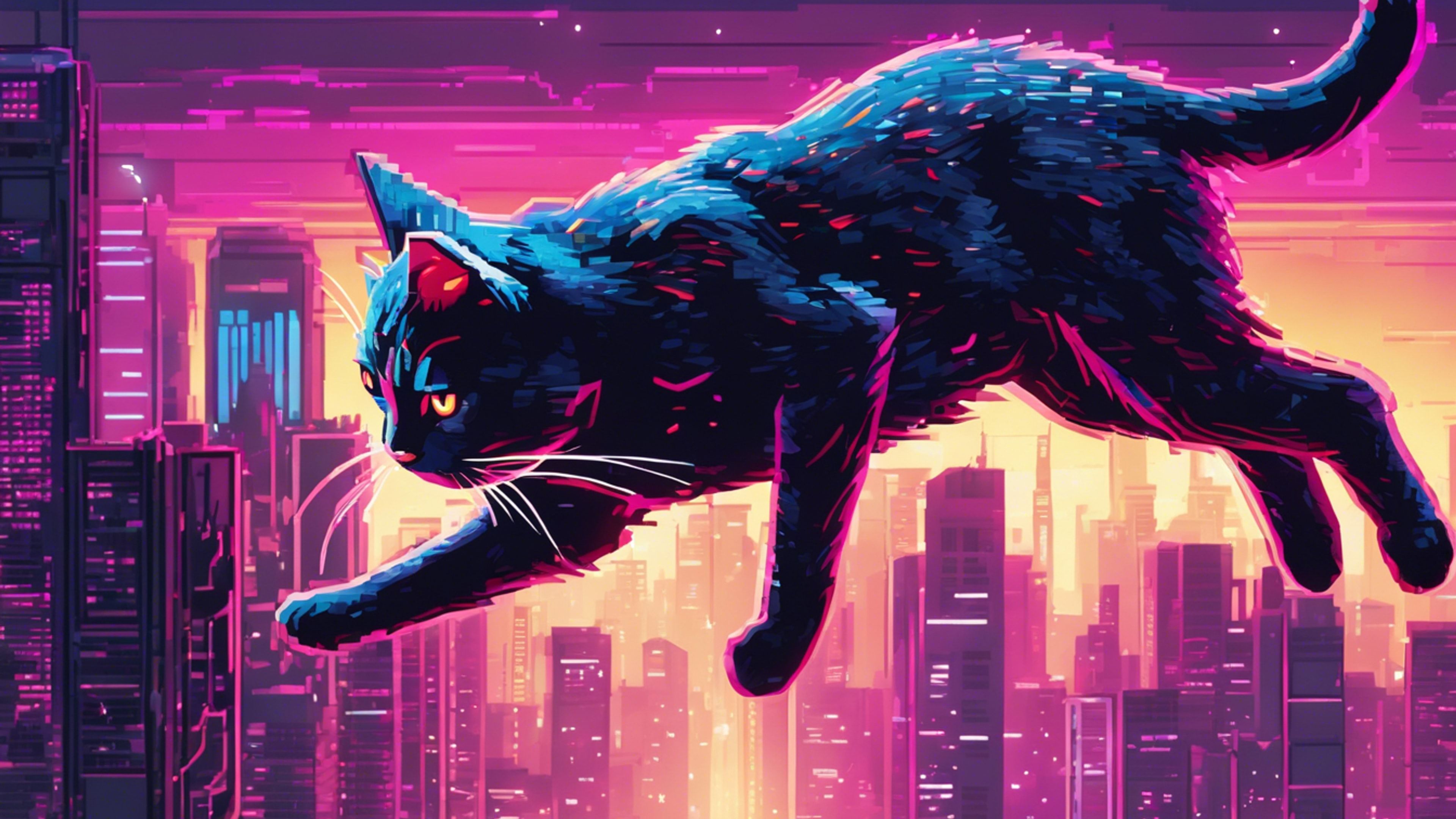3840x2160 A piece of pixel art showing a radiant neon cat gracefully leaping over the brightly lit skyline of a futuristic cyberpunk cityscape. Wallpaper [bbe368c209ce4566b23b]
