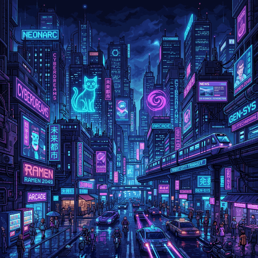 1024x1024 Cyberpunk Pixel Art Night Cityscape Wallpaper. AI Art Generator. Easy Peasy.AI