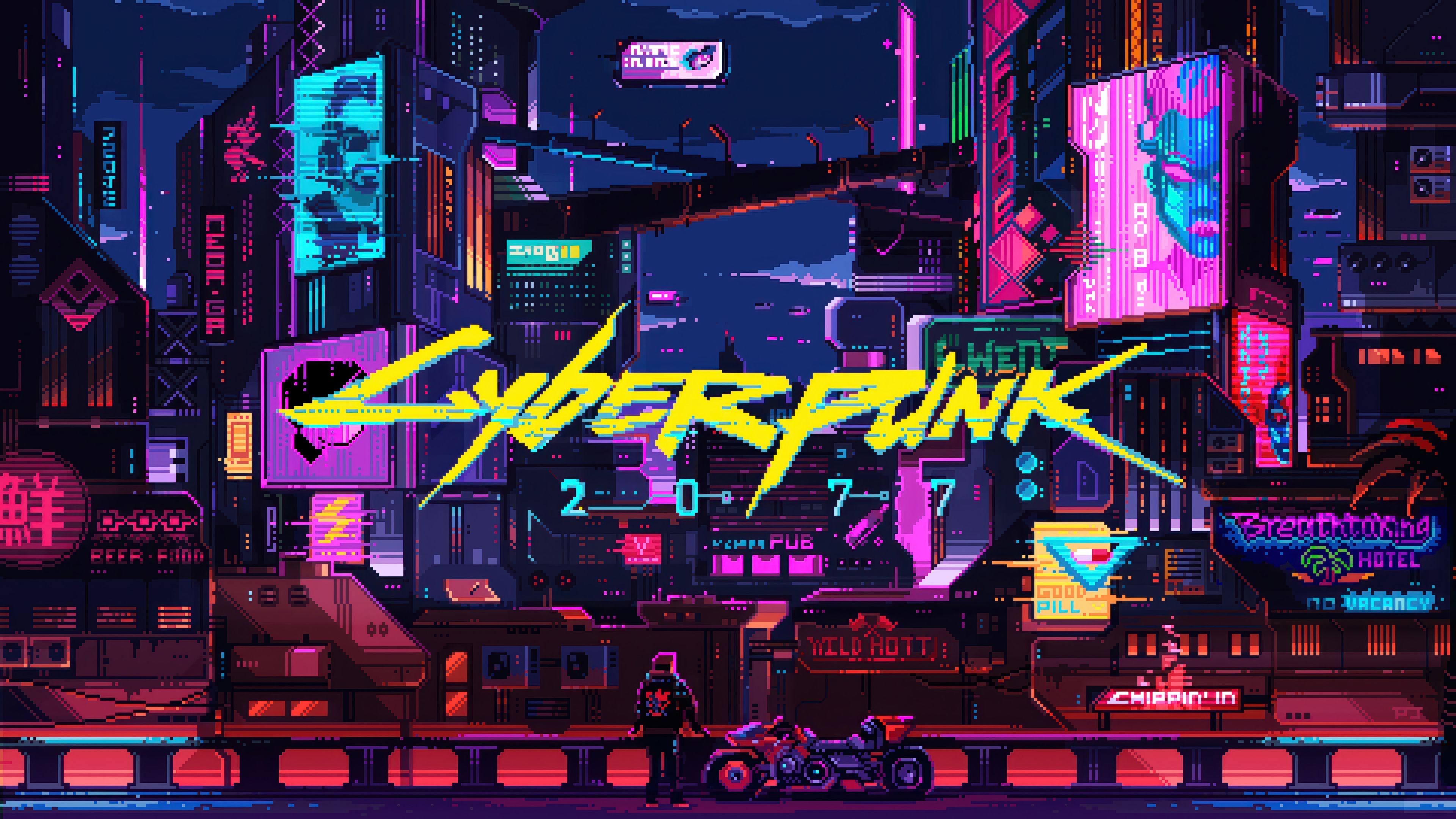 3840x2160 Cyberpunk 2077 Night City Pixel Art Wallpaper 4K HD PC