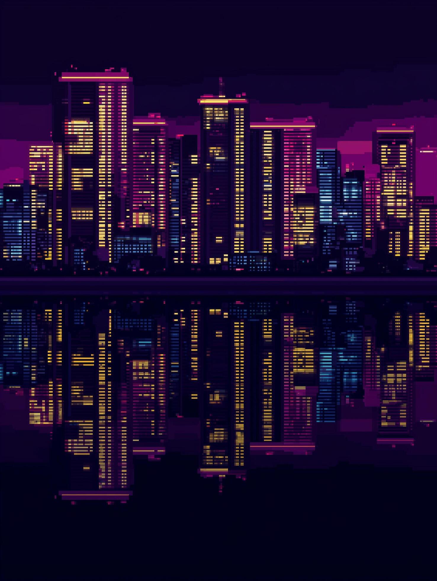 1476x1960 Pixel art neon city skyline with night reflections