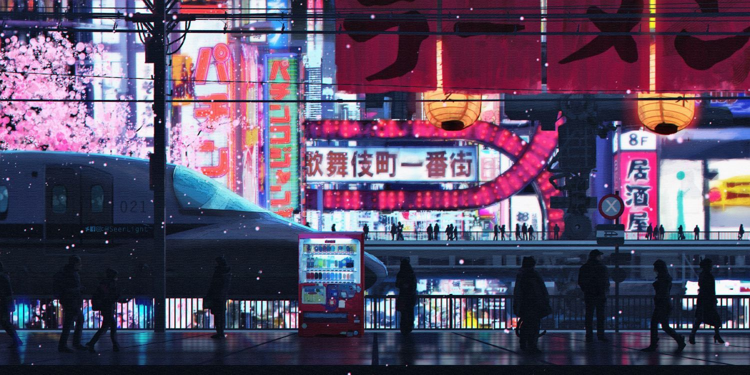 1500x750 Wallpaper People Walking on Street During Night Time, Background Free Image