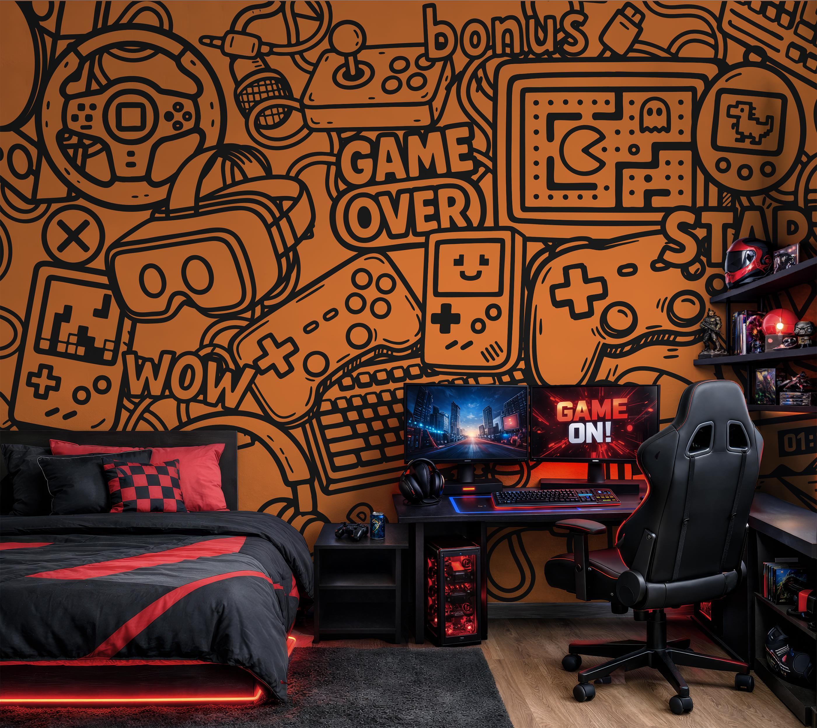 2800x2496 Retro Gaming Wall Mural Orange Game Room Decor Video Game Doodle Removable Wallpaper Teen Bedroom Wall Art Gamer Zone Large Wall Covering