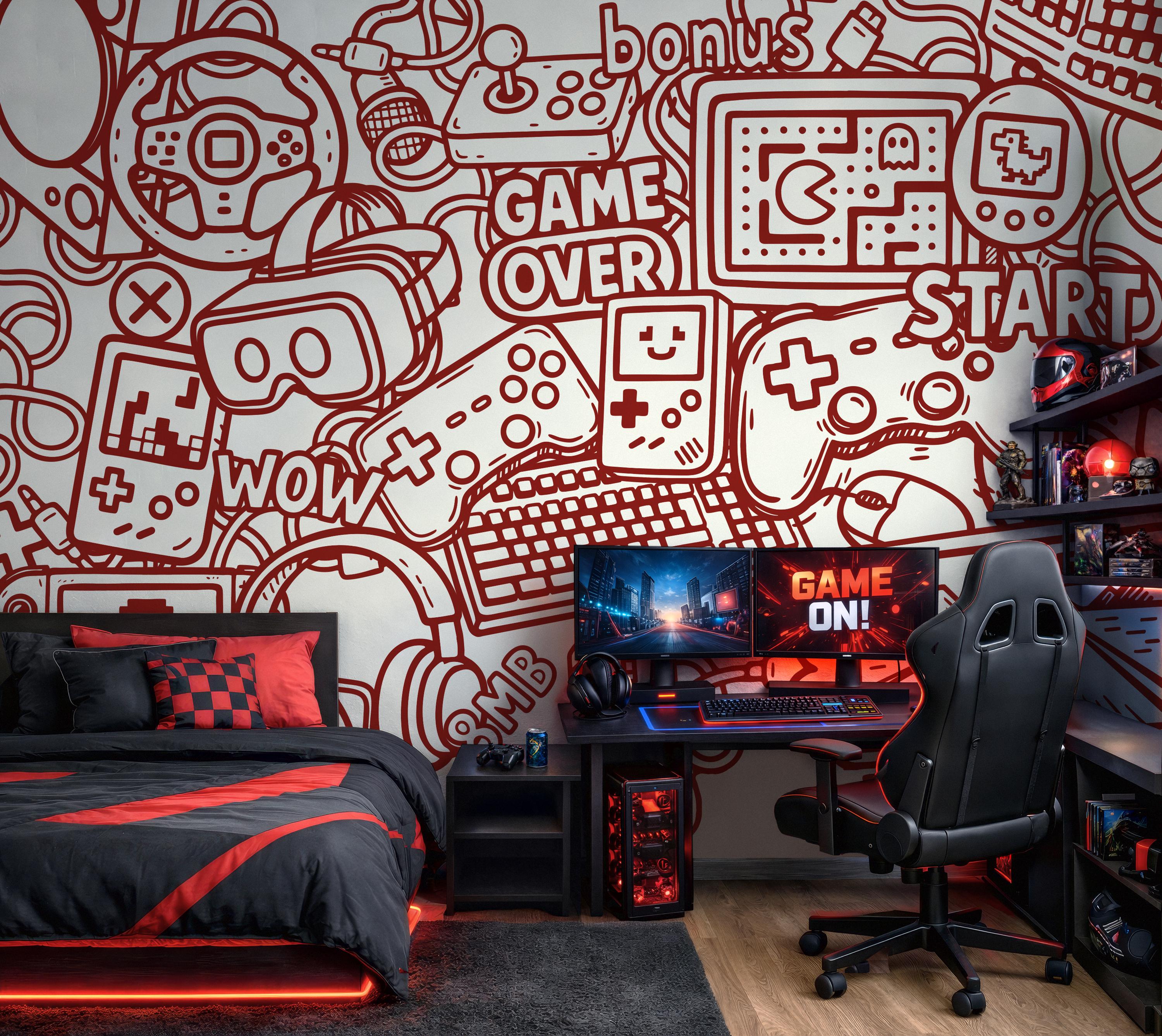 3000x2675 Red Gaming Doodle Wall Mural for Boys Room Video Game Wallpaper Game Joystick Wall Art Gamer Room Decor Removable Kids Room Wallpaper