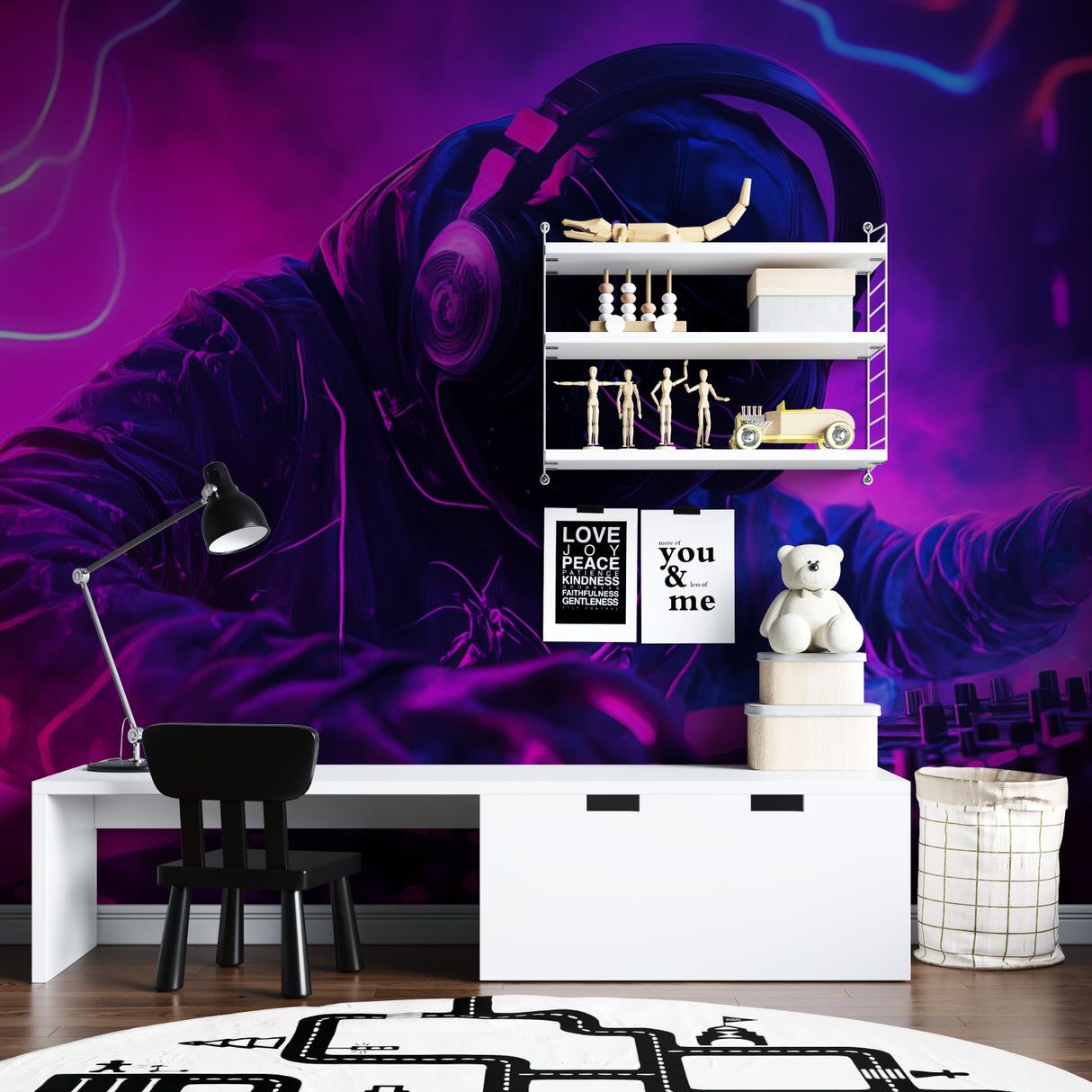 1214x1214 Gaming Mural Wallpaper. Neon DJ Headset Design