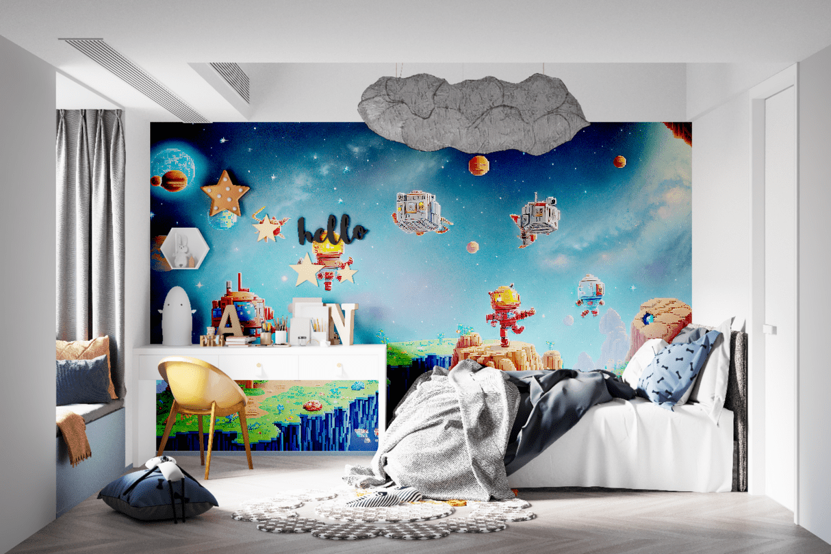 1214x809 Gaming Mural Wallpaper. Pixel Art Space Adventure