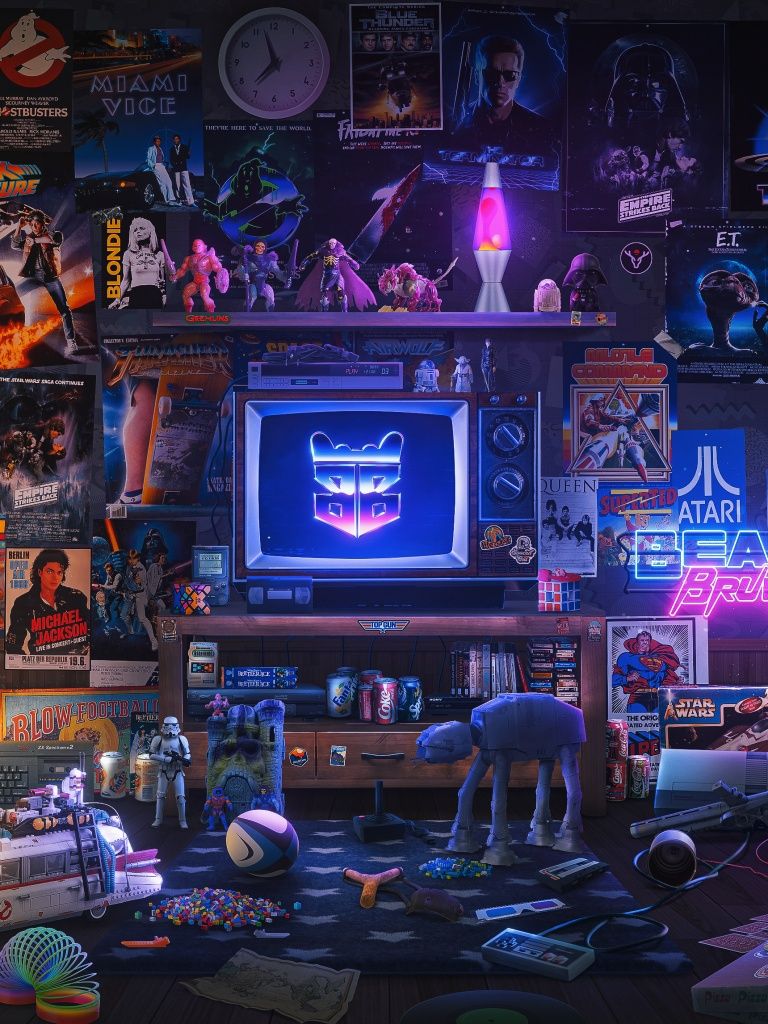 768x1024 Nostalgic Wallpaper 4K, Room, Retro style, Neon