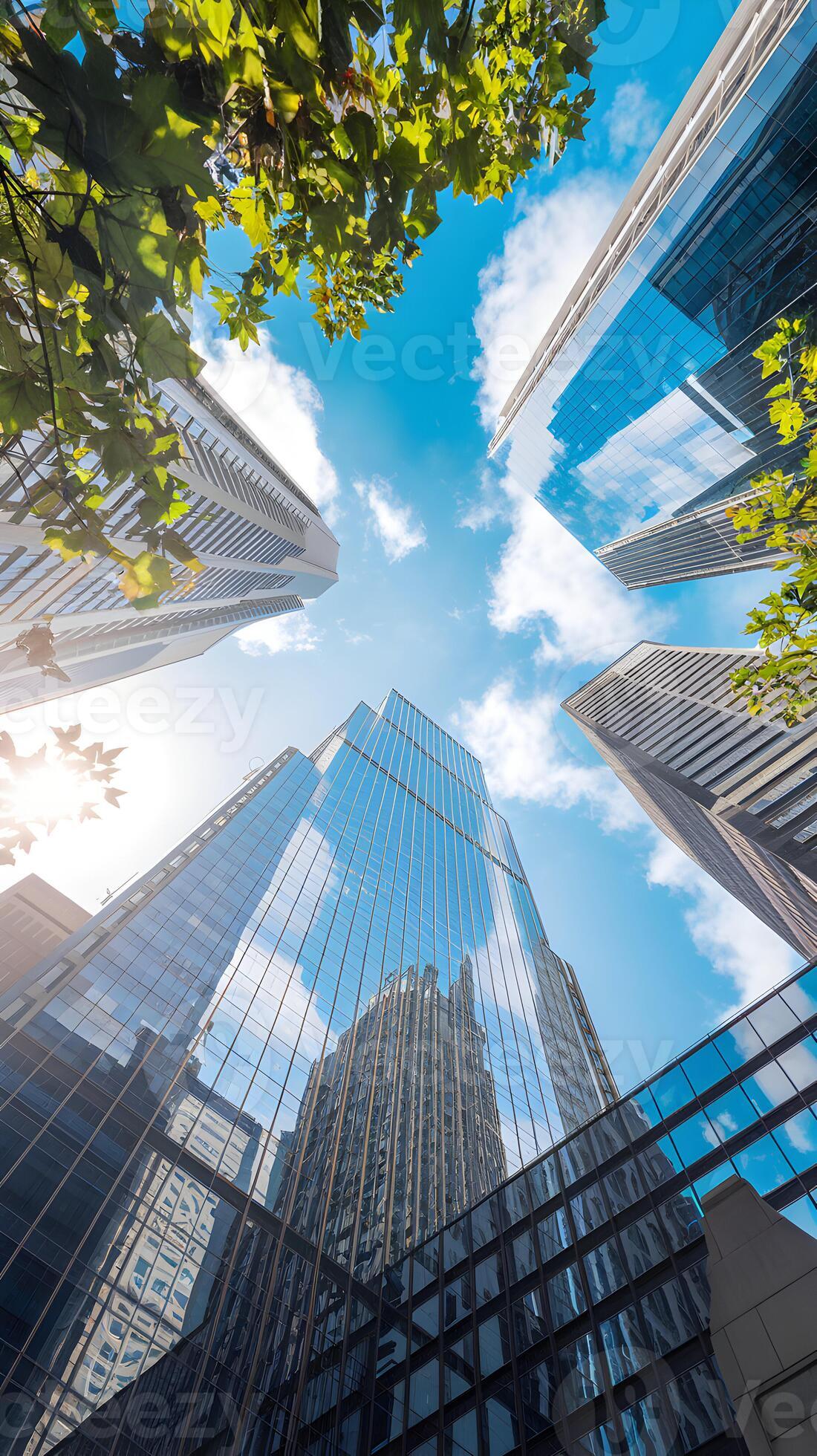 1100x1960 Upward view of skyscrapers with sunlight reflections and framed by surrounding green leaves. Vertical Mobile Wallpaper