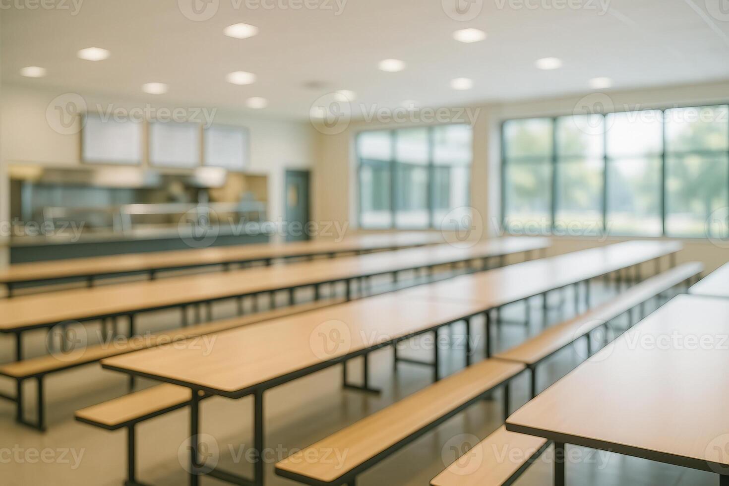 1470x980 Bright School Cafeteria Interior with Long Wooden Tables and Natural Light Through Large Windows