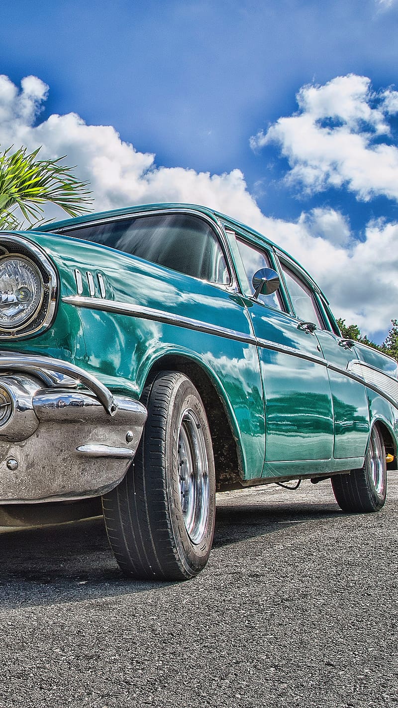 800x1422 Classic Teal Car, classic, teal car, clouds background, HD phone wallpaper