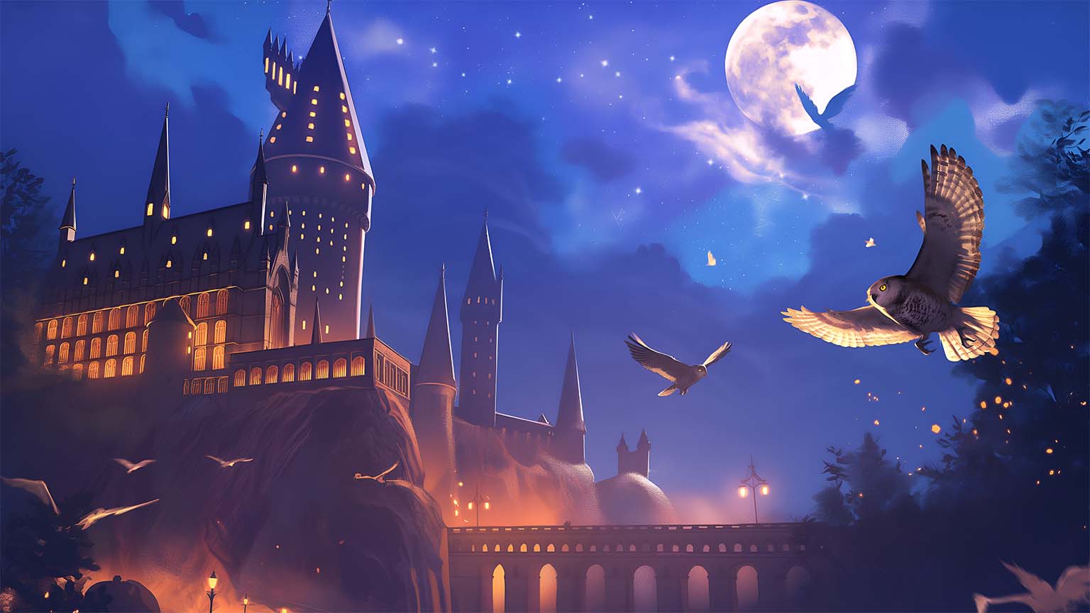 1536x864 Hogwarts Castle Moonlit Night Owls Desktop Wallpaper
