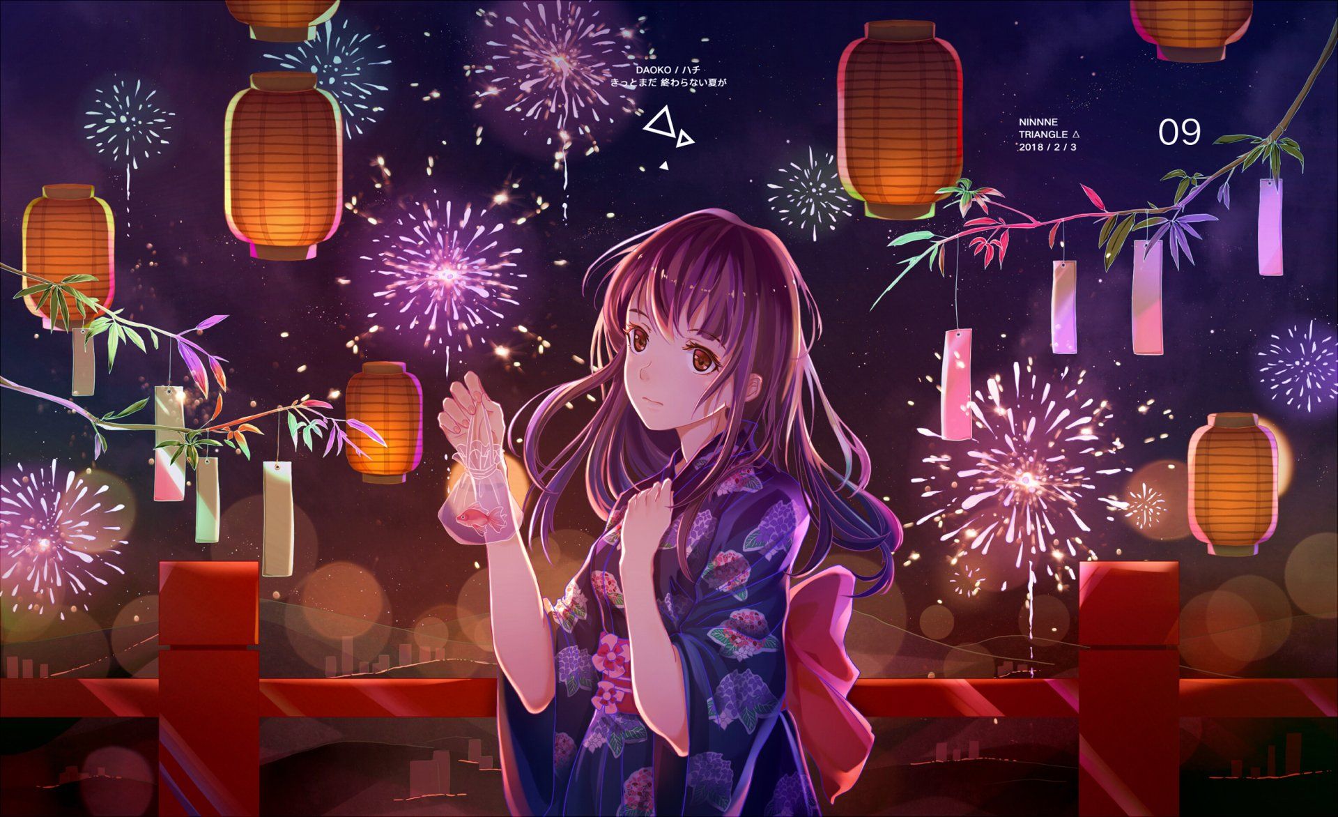 1920x1172 Uchiage Hanabi: Nazuna Oikawa in Kimono Amidst Lanterns & Fireworks by 九白木x1578