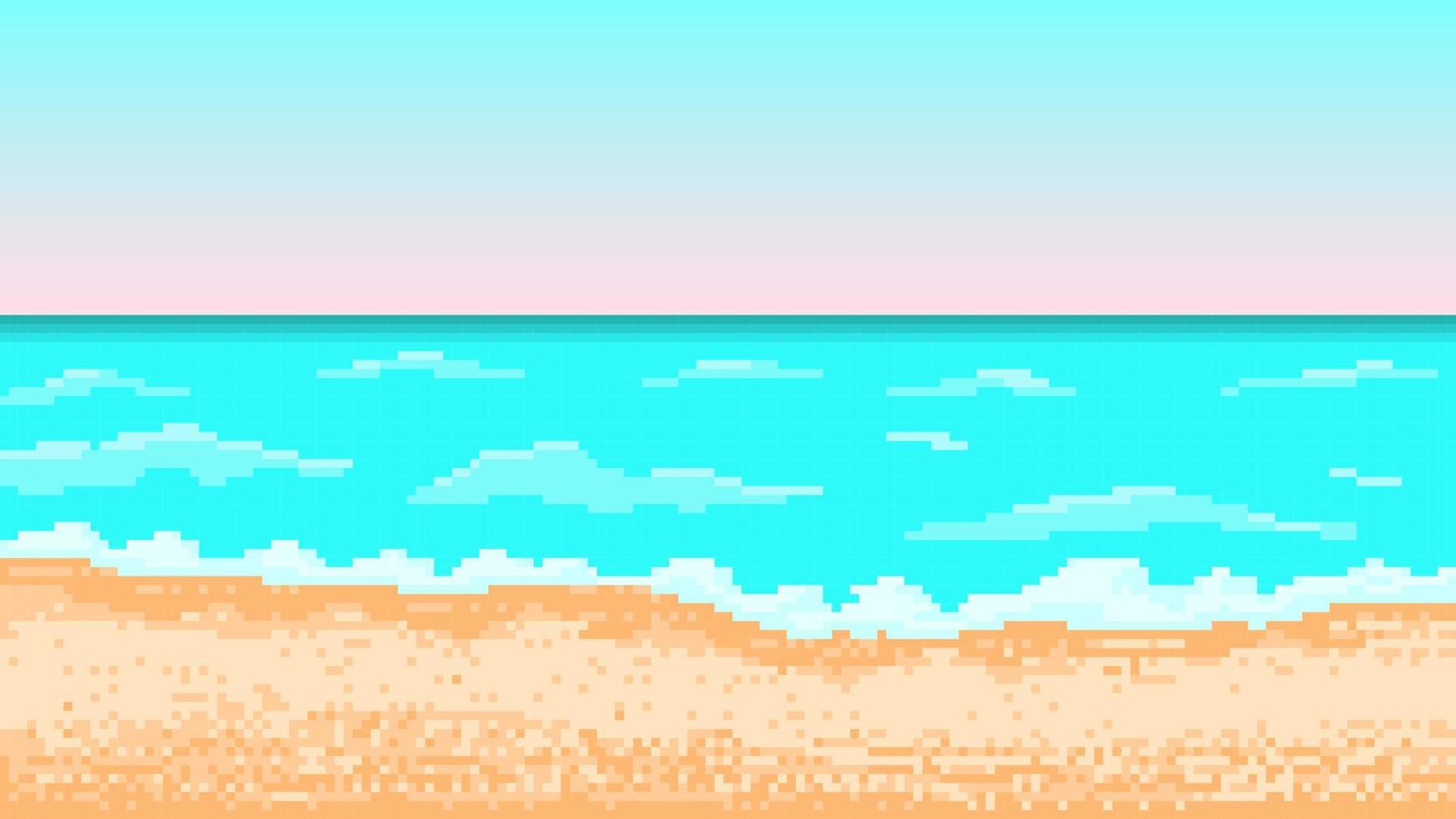 1742x980 Tropical pixel beach with surf. Seascape with blue sky and glow of setting sun. White foam rolls on yellow hot sand. Colorful ocean waves creating holiday vector mood 7875091 Vector Art