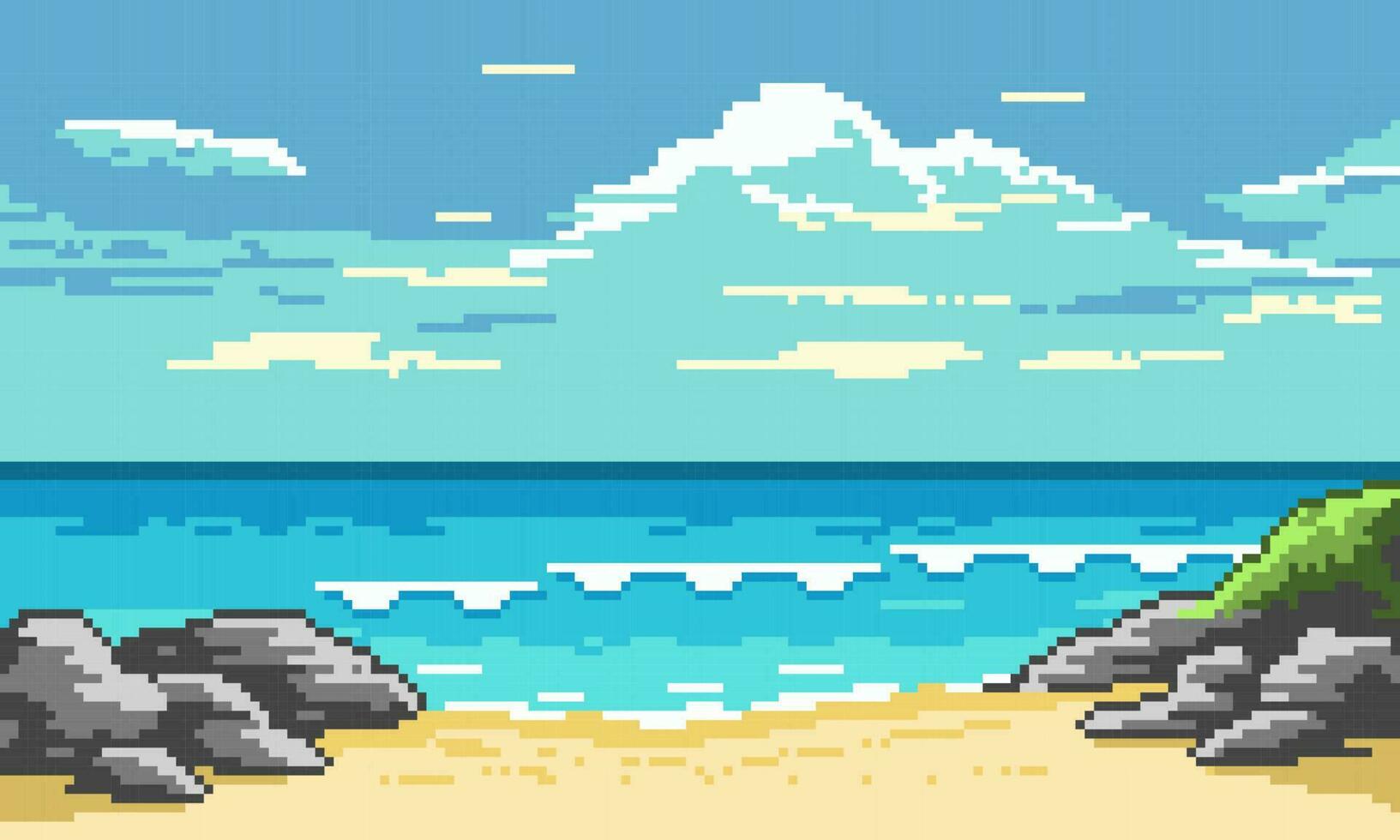 1633x980 Pixel tropical beach with waves background. Empty yellow sandy beach with gray stones and green vegetation. Fluffy blue clouds in sky and white surf foam in vector ocean 24542364 Vector Art