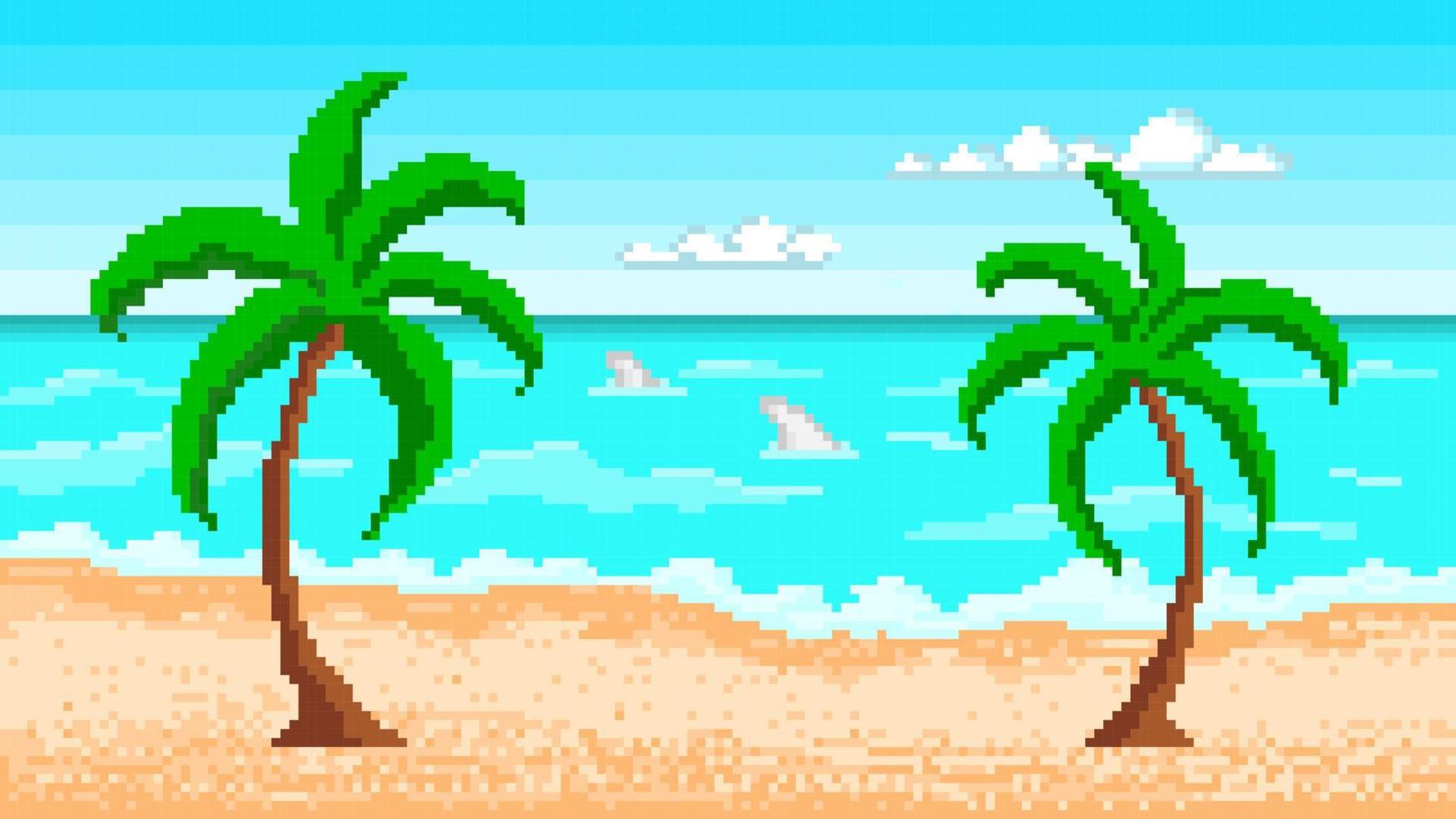 1742x980 Tropical pixel beach with palm trees. Seascape with blue sky and clouds. White surf rolls on yellow hot sand and dolphins swim in shallow water. Colorful ocean coastline for vector vacation 7875095