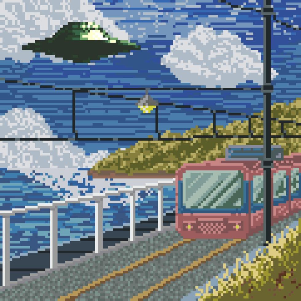 980x980 Pixel art background of train by the beach free vector