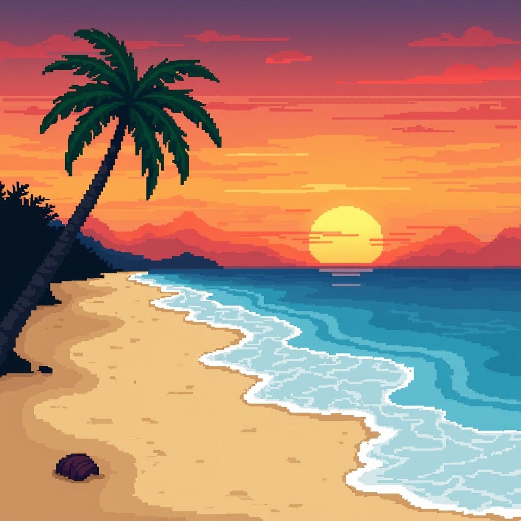 1024x1024 Download Pixel Beach Paradise Image, Beach, Sunset