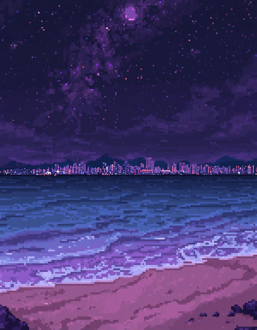 896x1152 deep night panoramic pixel art sandy beach
