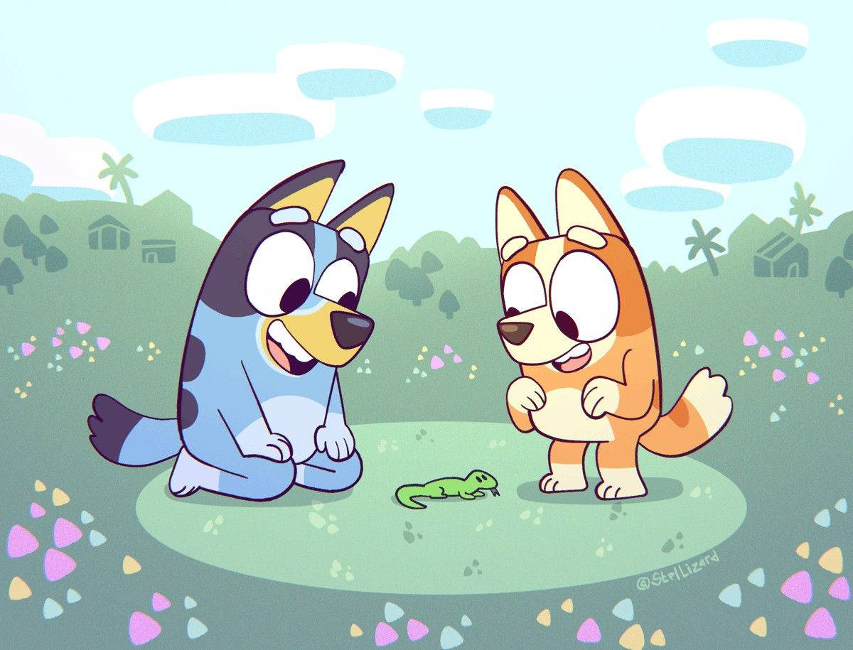 1200x915 Download Bluey And Bingo Looking At Lizard Wallpaper