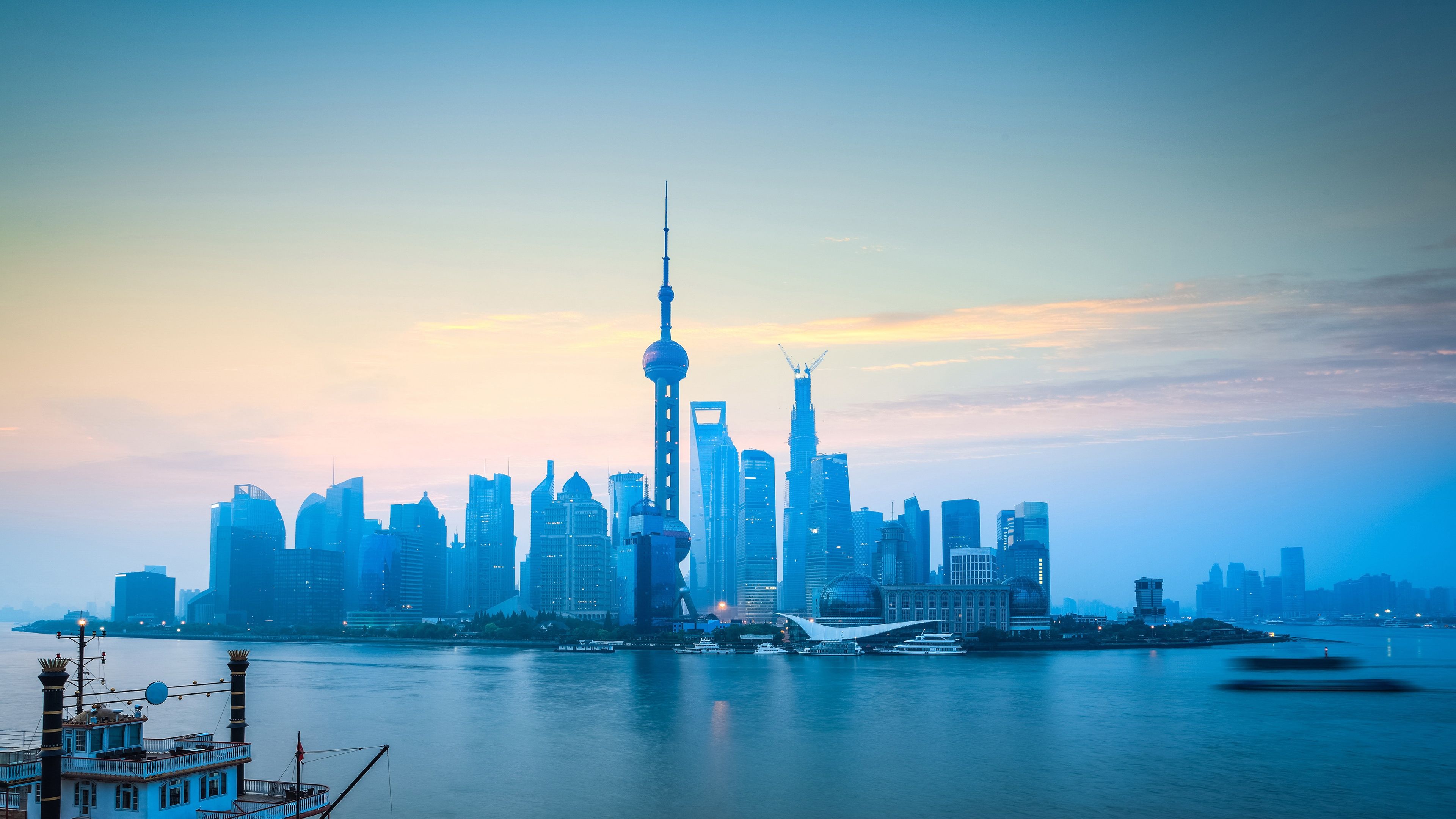 3840x2160 Wallpaper Shanghai, Pudong, river, skyscrapers, morning, fog 3840x2160 UHD 4K Picture, Image