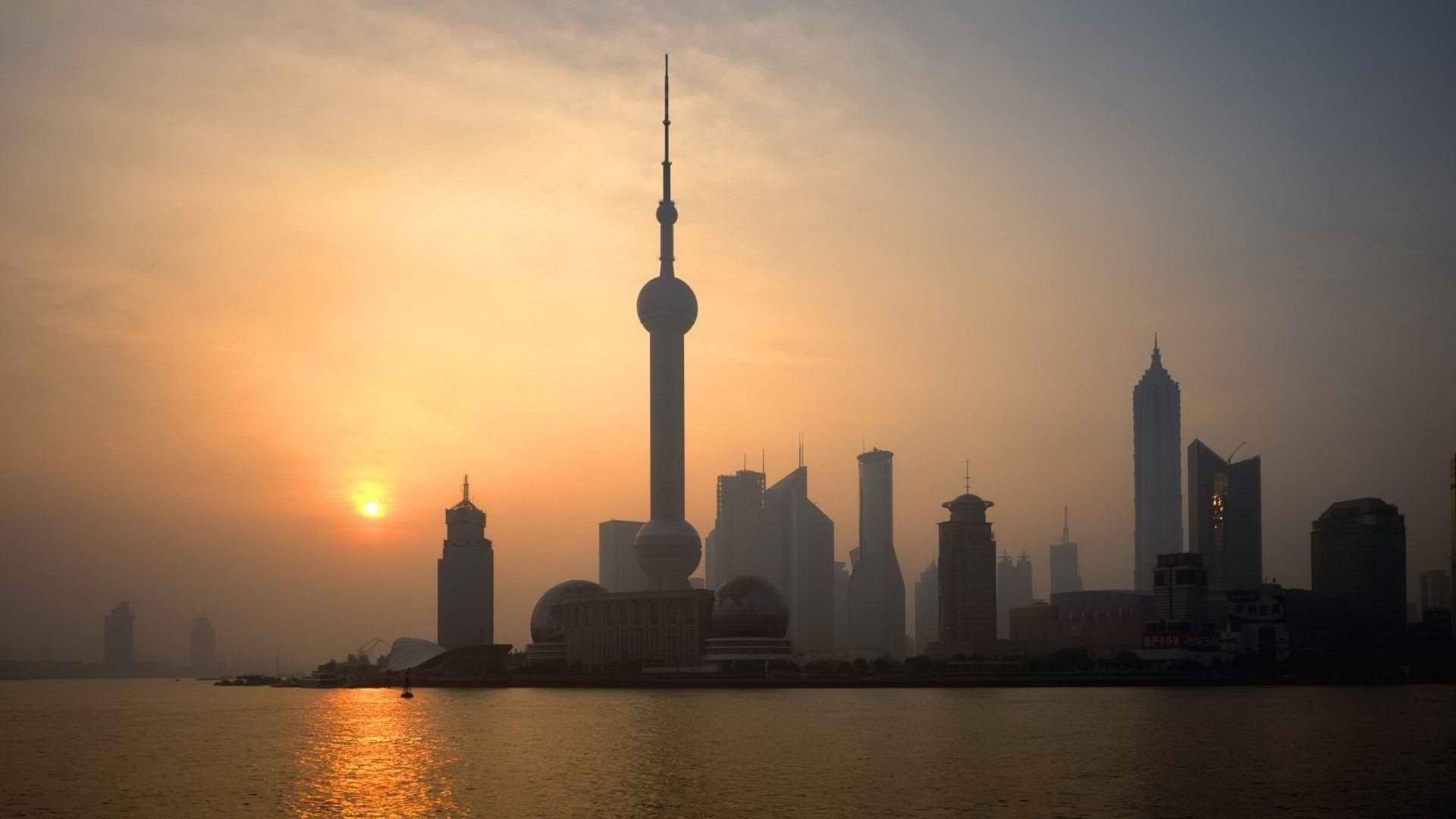 1920x1080 Shanghai Dusk Skyline. Oriental Pearl Silhouette. Man Made Majesty. Pudong Sunsetx1080