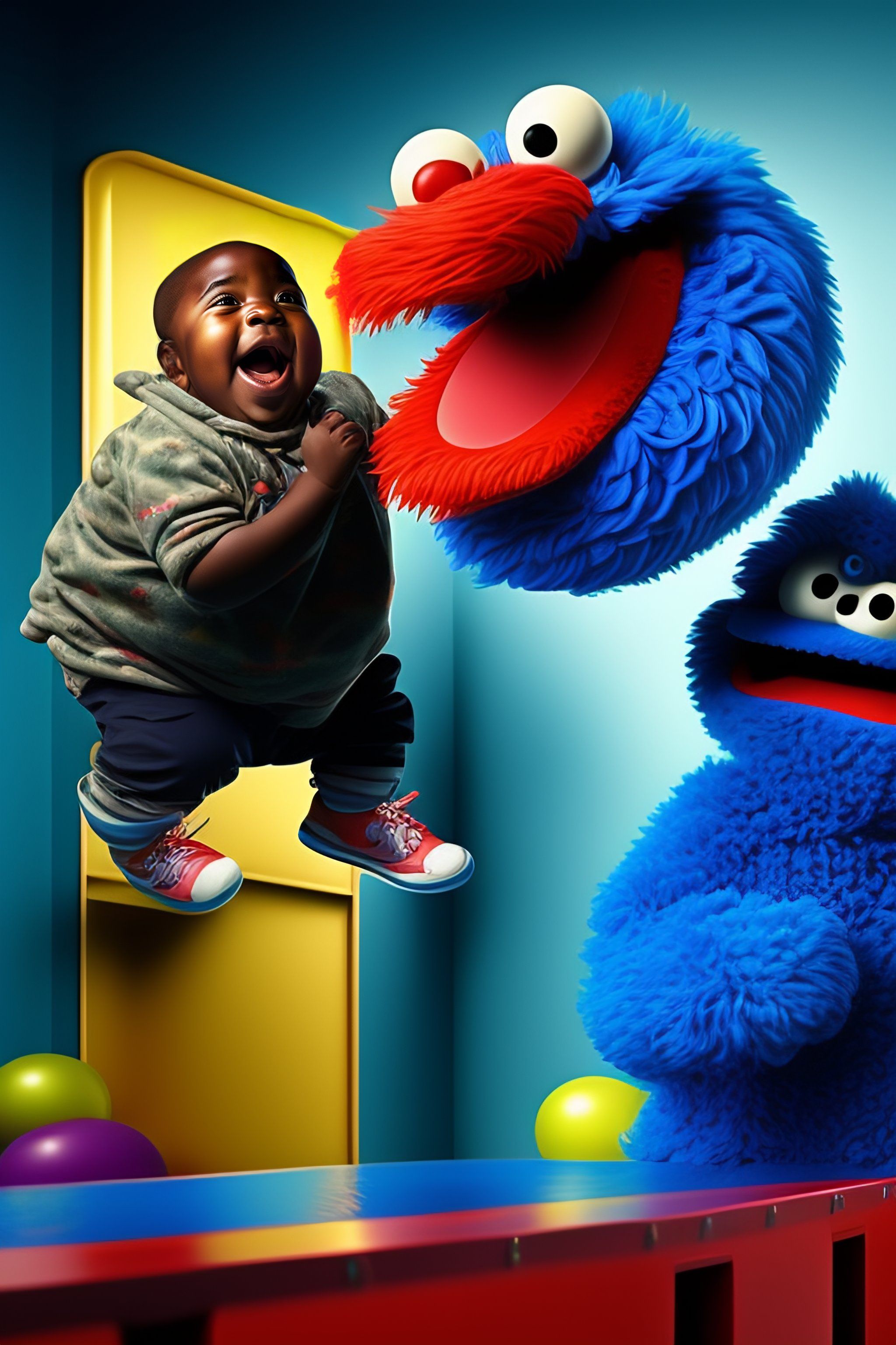 2048x3072 Lexica and cookie monster from sesame street bouncing on the wall