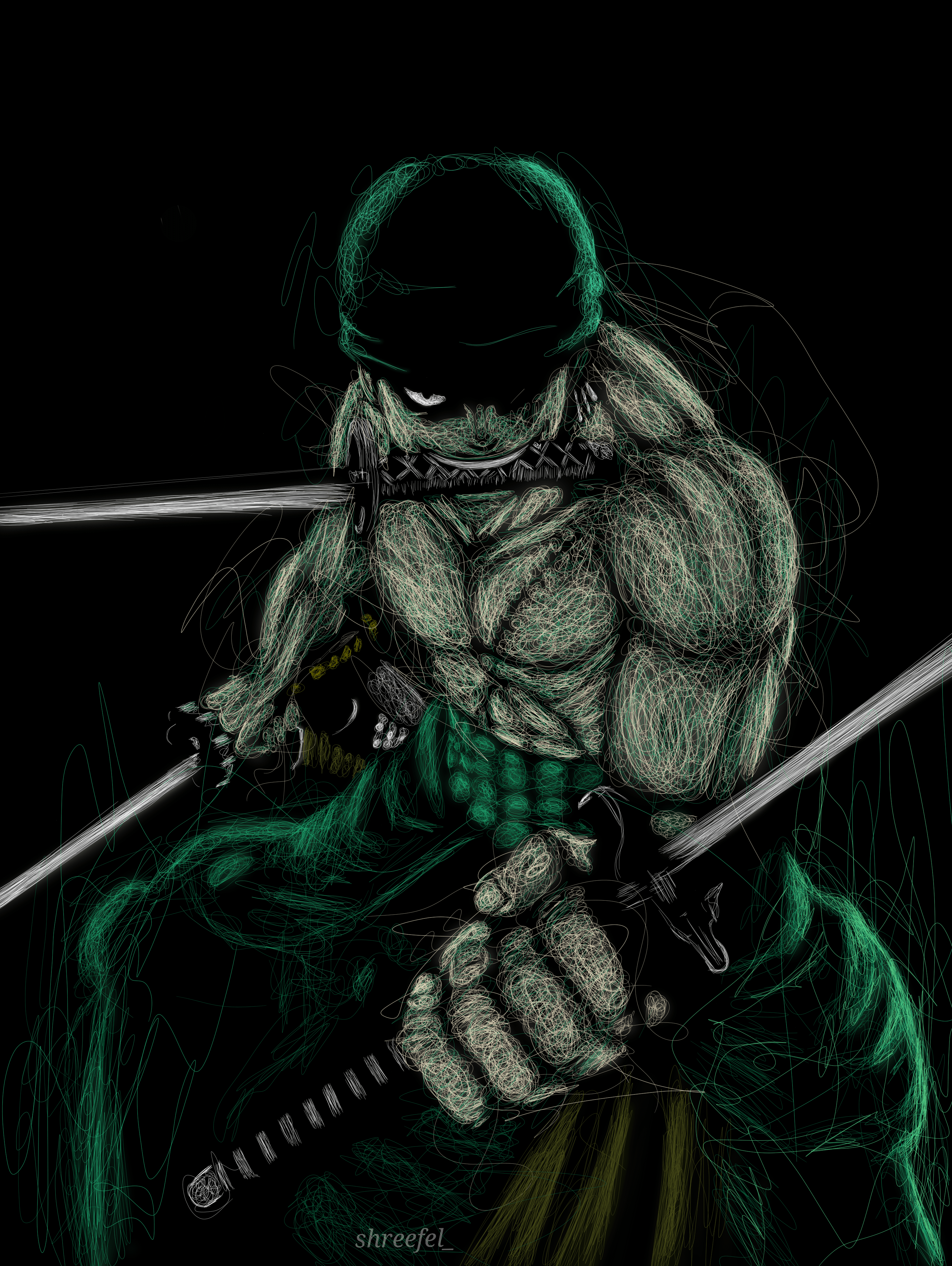 2996x3985 Roronoa Zoro three sword style with Scribbling Art (print available Link in bio)