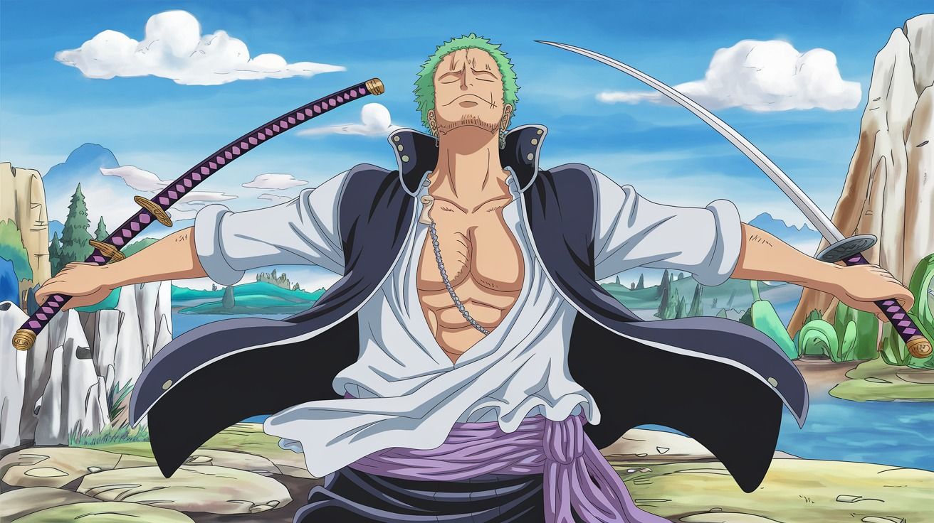 1312x736 Three Swords Style of One Piece: Zoro Swordsman Portrait