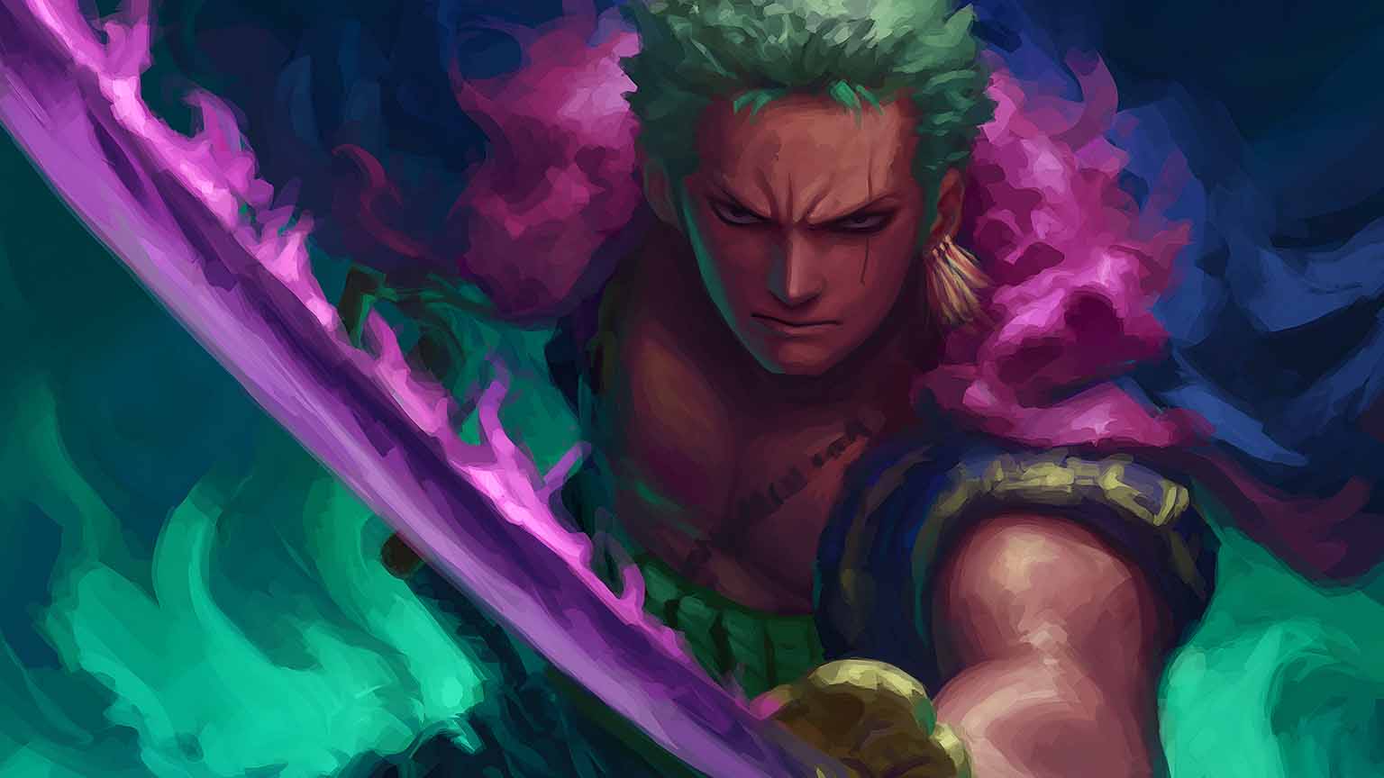 1536x864 One Piece Roronoa Zoro Purple Aura Katana Desktop Wallpaper
