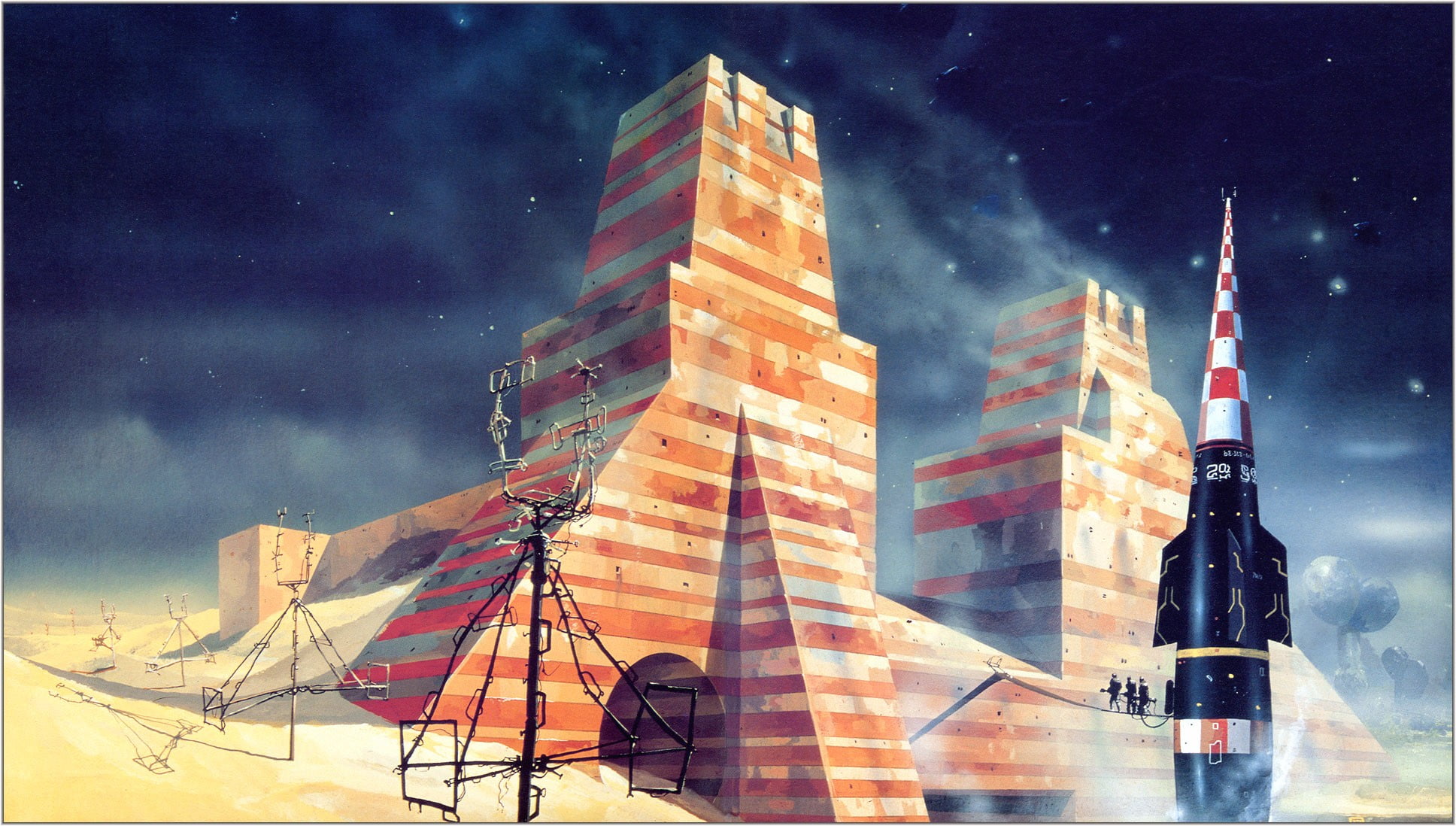 1936x1098 Brown and gray building near rocket illustration, science fiction, Chris Foss HD wallpaper