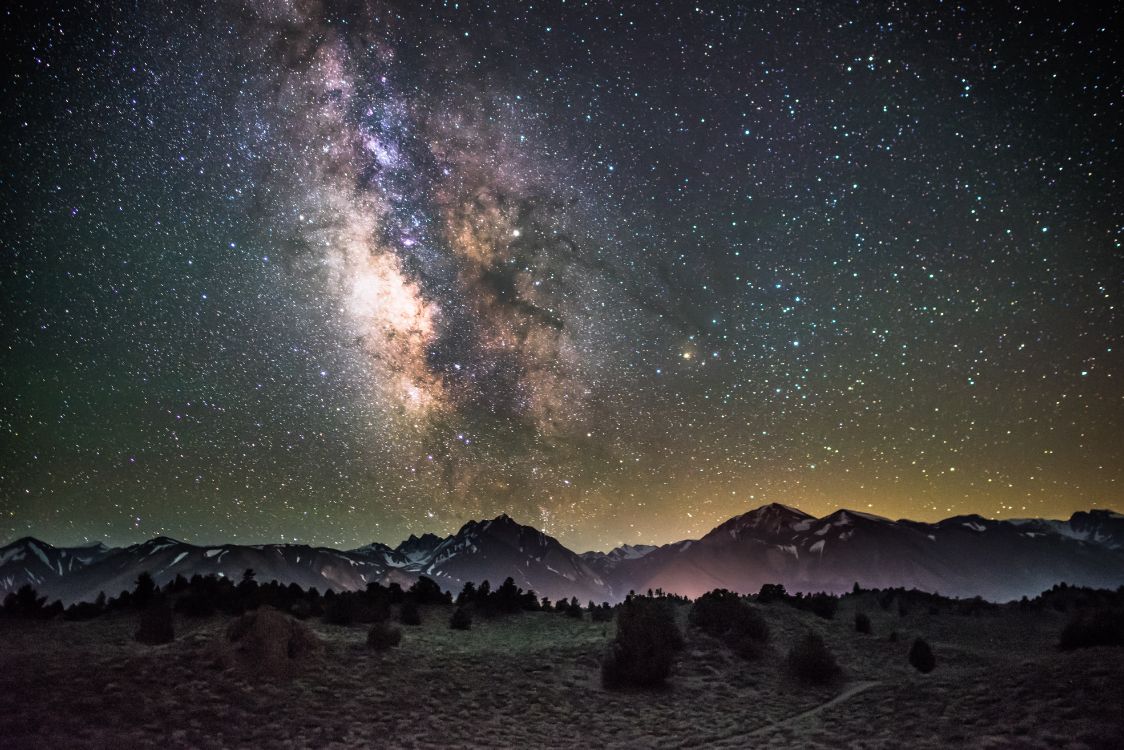 1124x750 Wallpaper Black and White Mountain Under Blue Sky With Stars During Night Time, Background Free Image