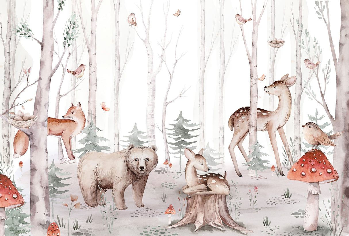 1214x822 Woodland Creatures Watercolor Wallpaper and Stick Forest Animal Mural 168''W x 120''H / Canvas Peel & Stick