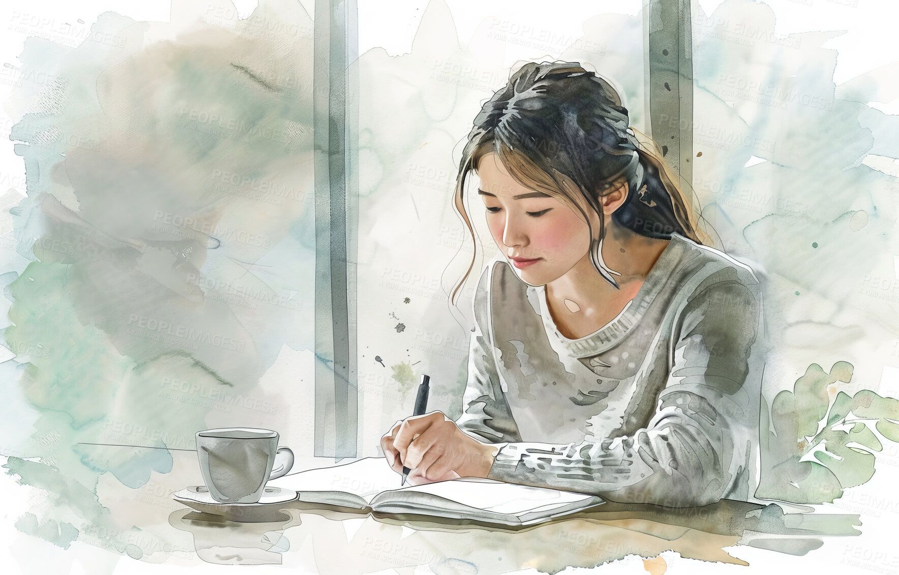 1768x1131 Woman, notebook and watercolor illustration or drawing of morning reading as wallpaper, background or writing. Female person, pen and studying artist with tea cup for digital, painting or learning